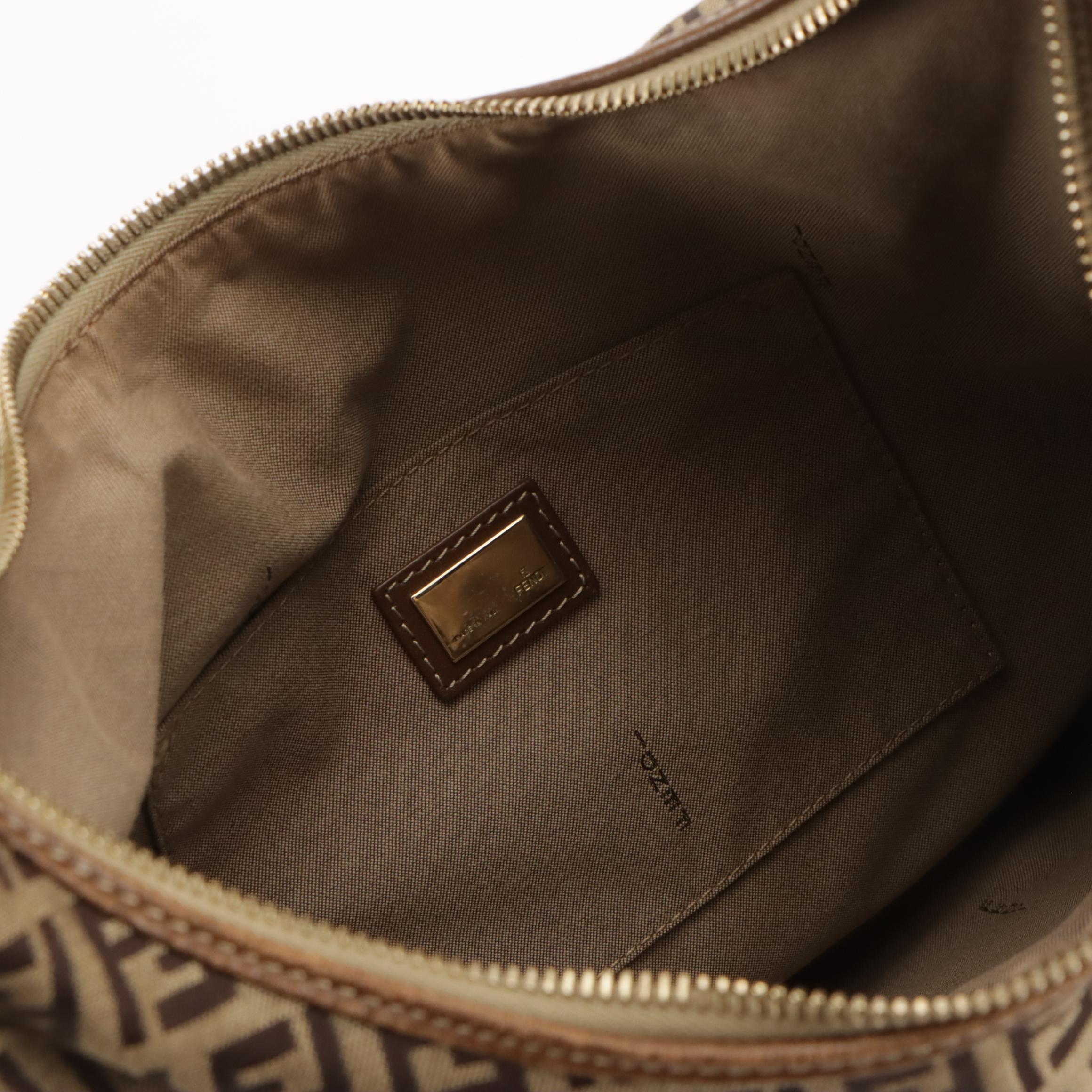 Fendi Front Pocket Hobo Shoulder Bag in Zucchino Jacquard Canvas and Leather