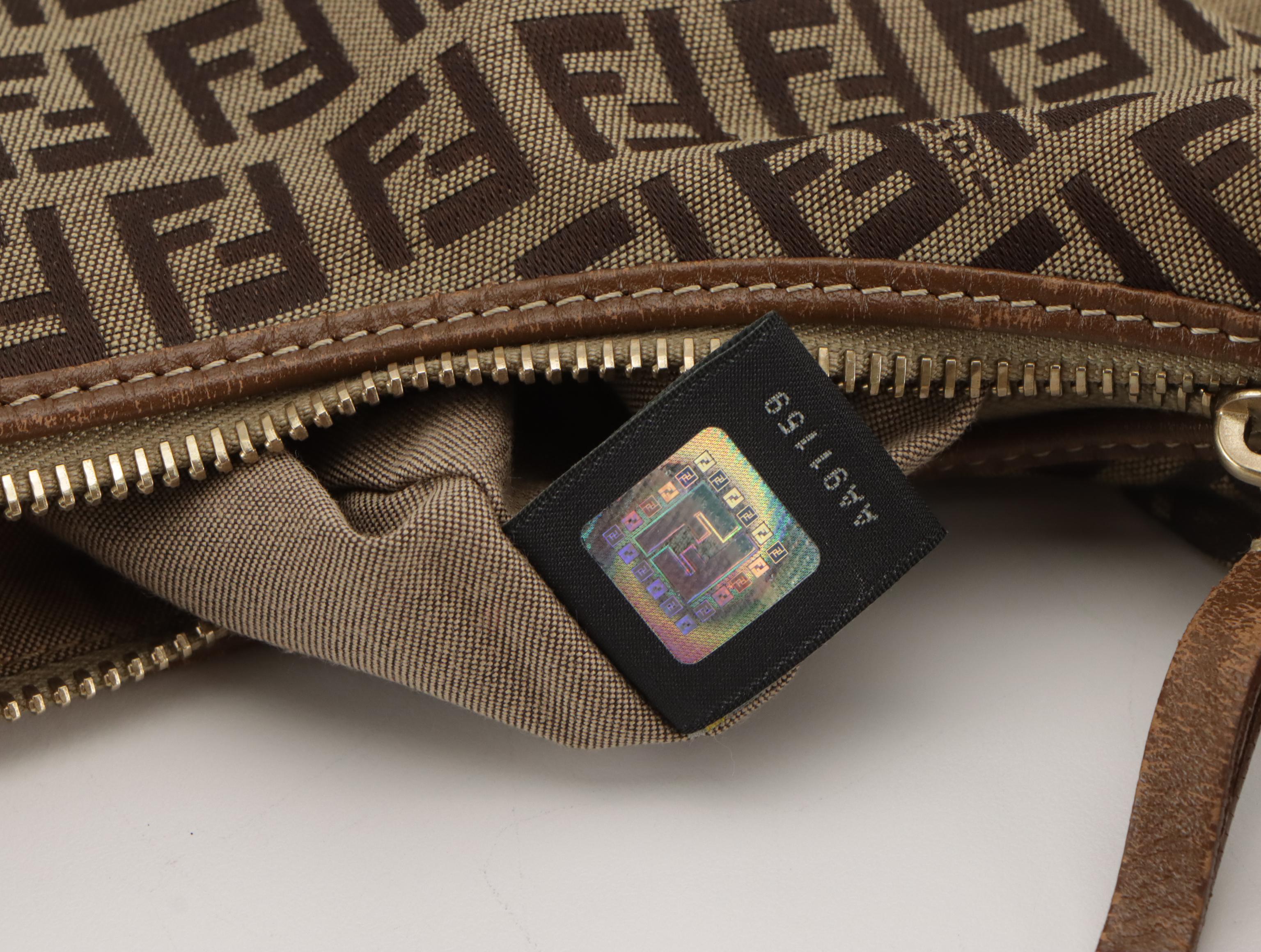 Fendi Front Pocket Hobo Shoulder Bag in Zucchino Jacquard Canvas and Leather