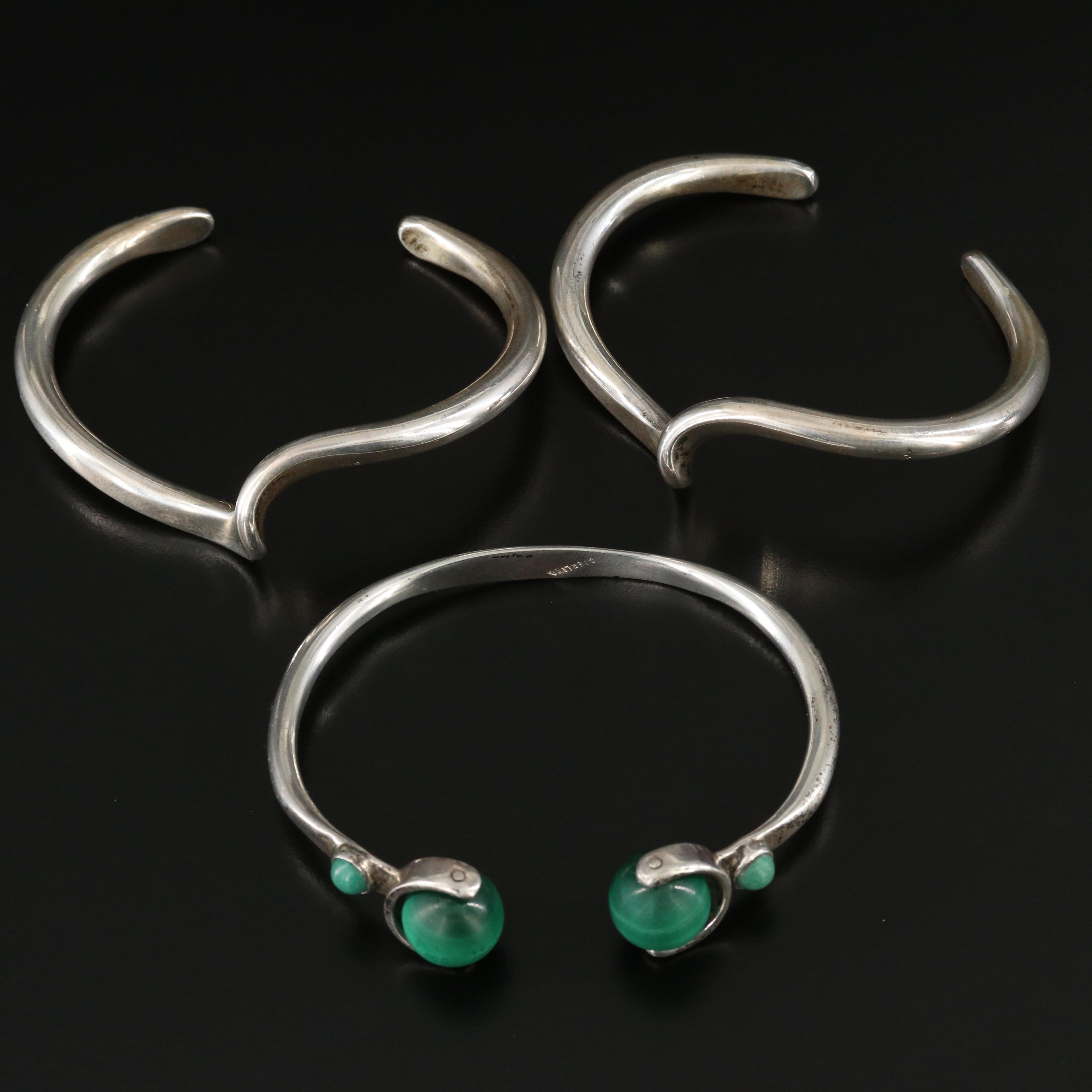 Sterling Cuff Bracelets Including Malachite and Turquoise