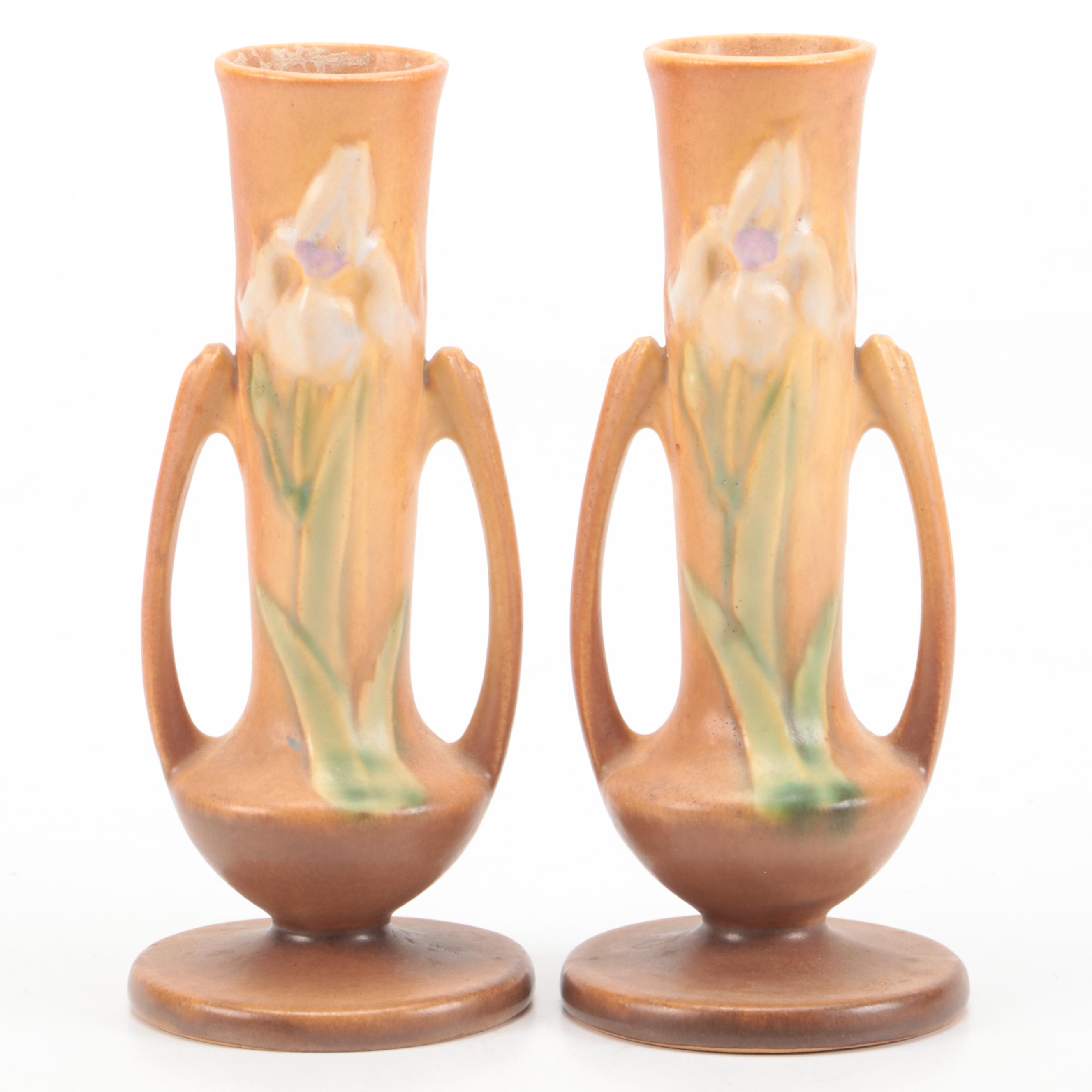 Roseville Pottery "Iris" Glazed Ceramic Bud Vases, Mid-20th Century