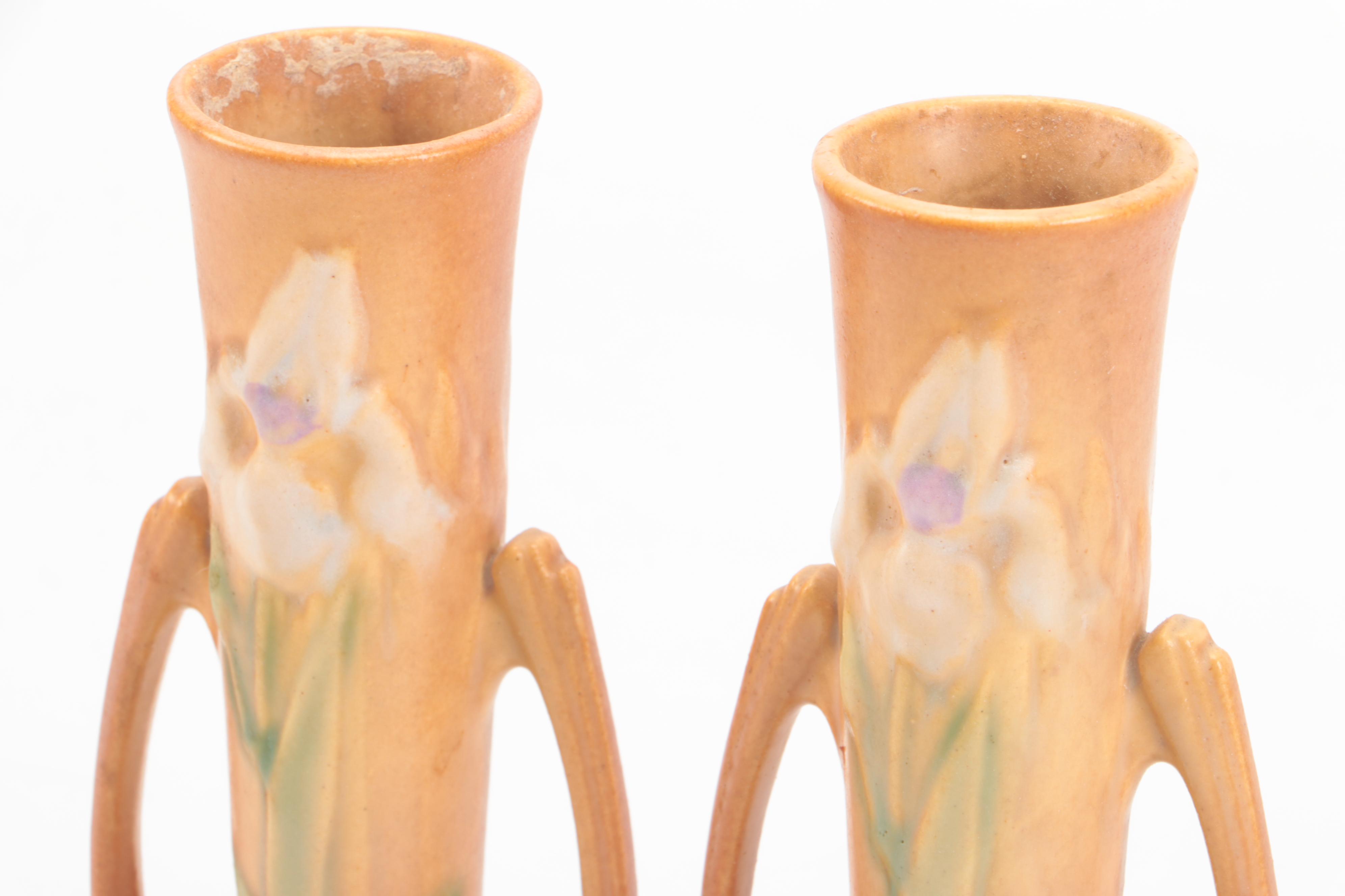 Roseville Pottery "Iris" Glazed Ceramic Bud Vases, Mid-20th Century