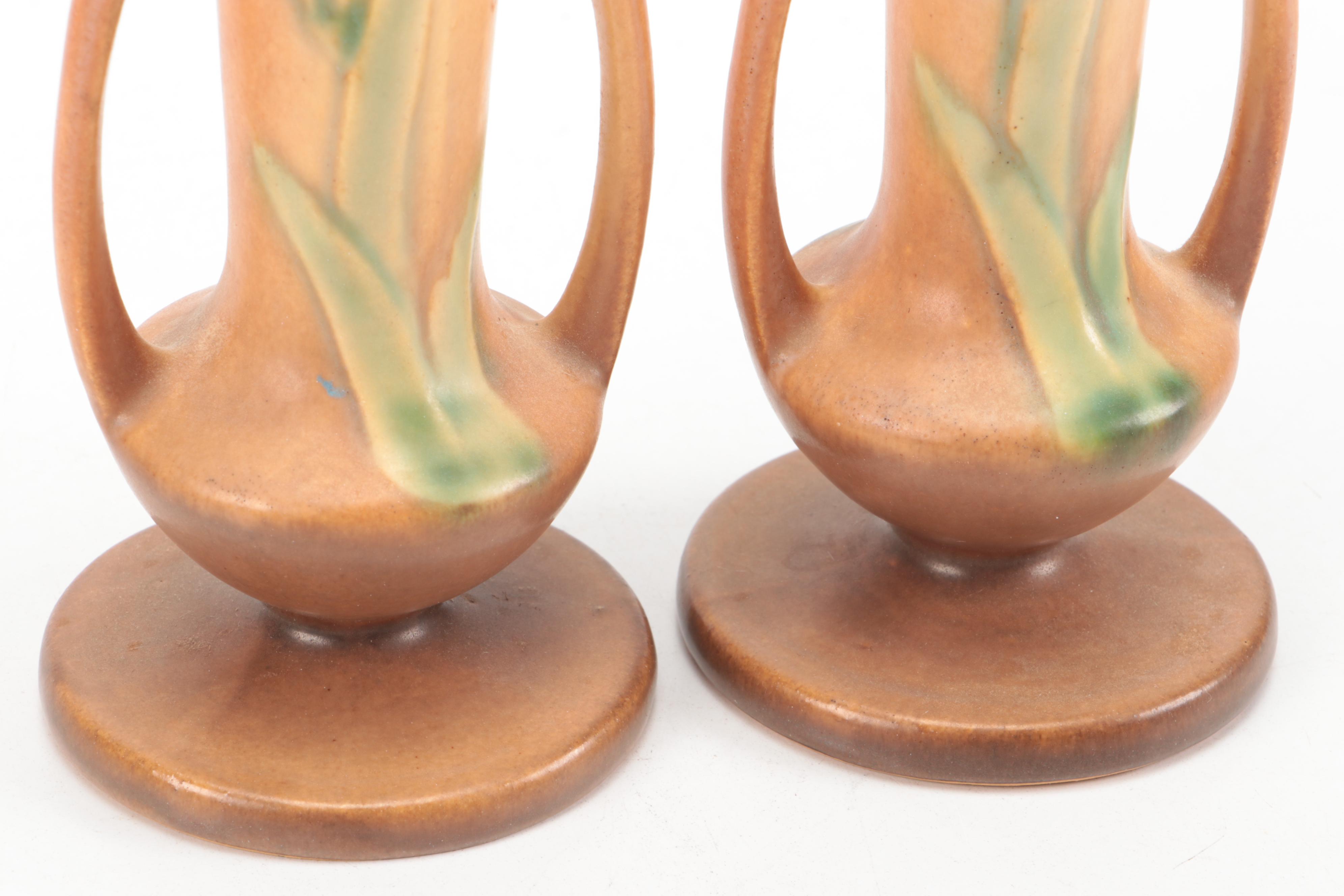 Roseville Pottery "Iris" Glazed Ceramic Bud Vases, Mid-20th Century