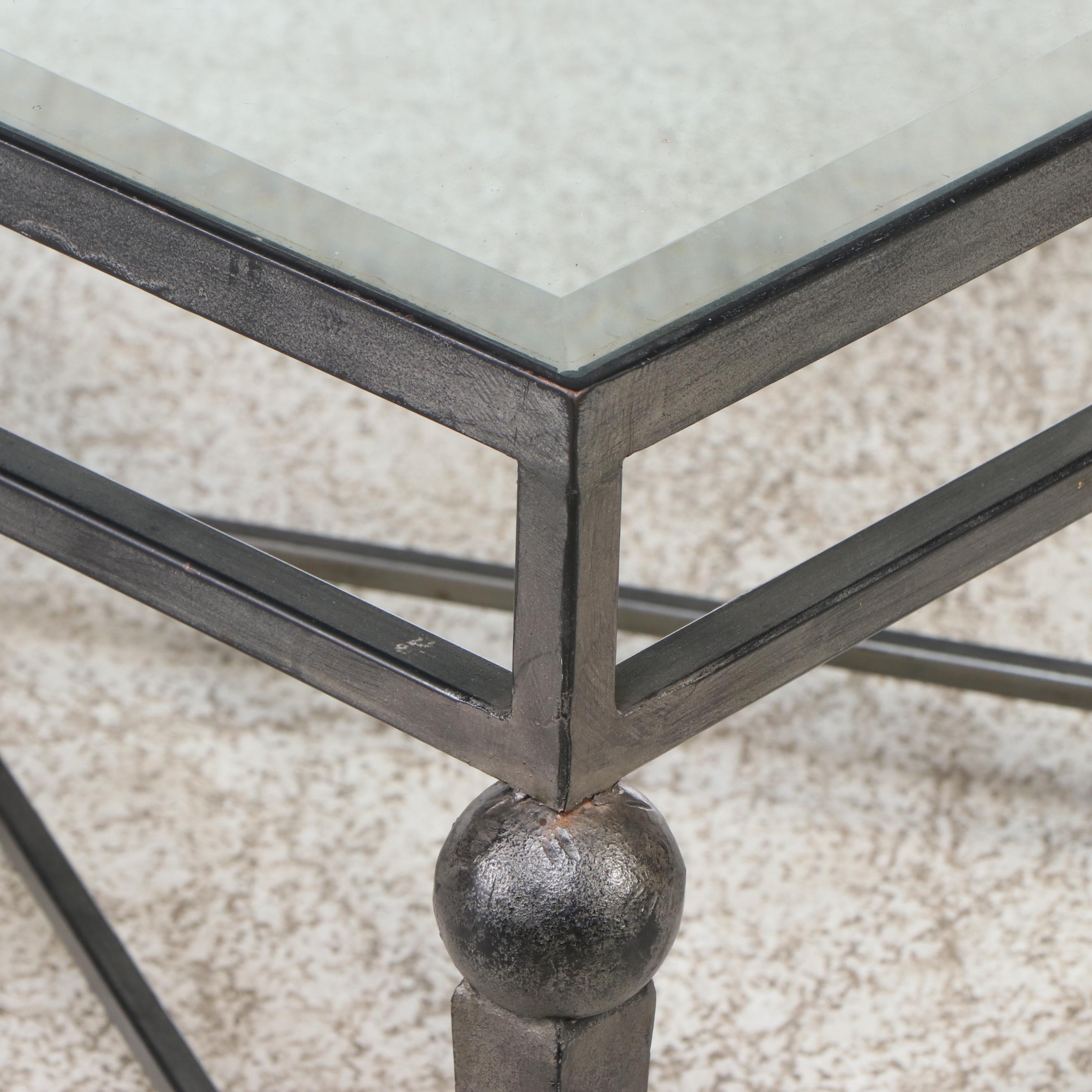 Contemporary Forged Metal Coffee Table with Glass Top