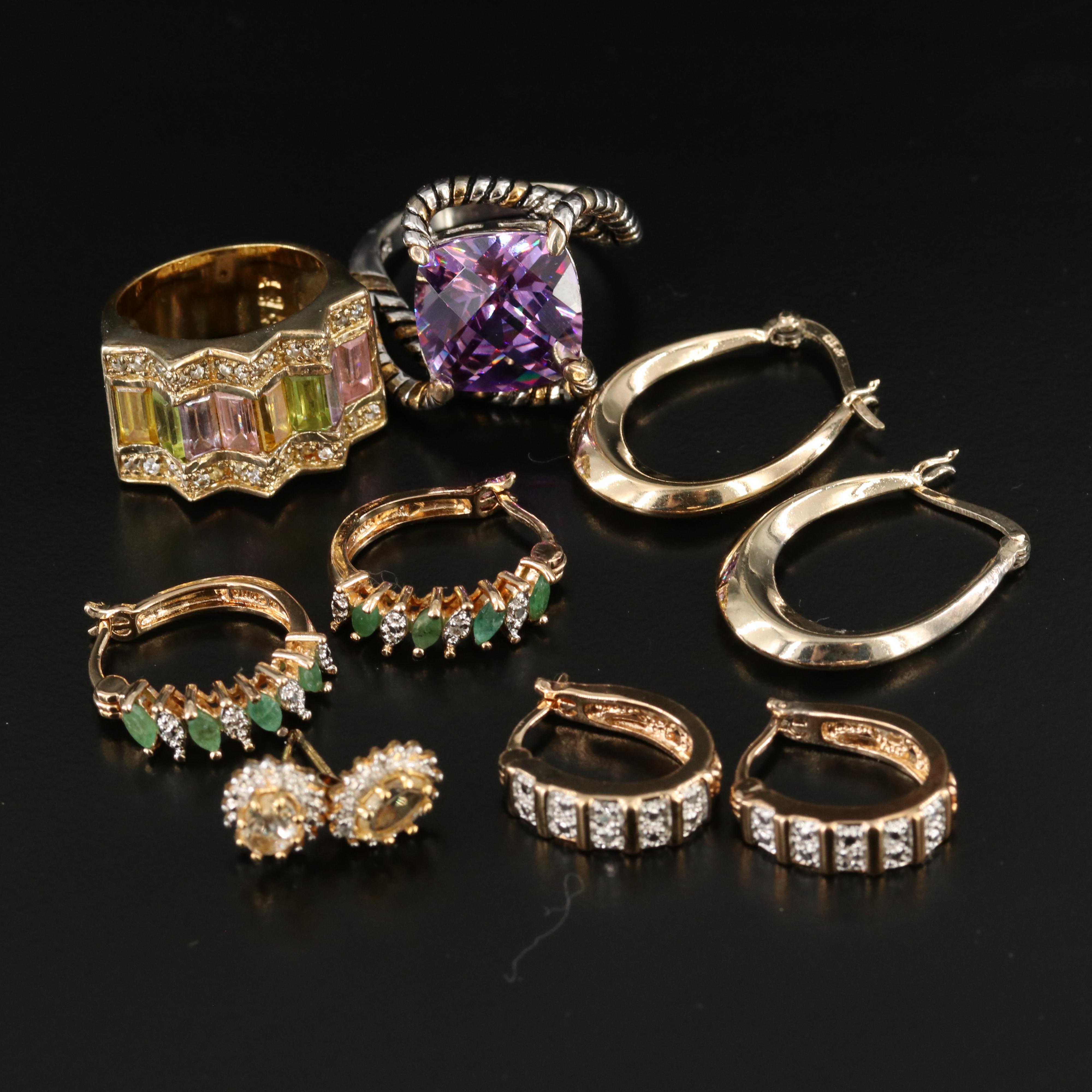 Sterling Emerald, Diamond, Citrine and CZ Earrings and Rings