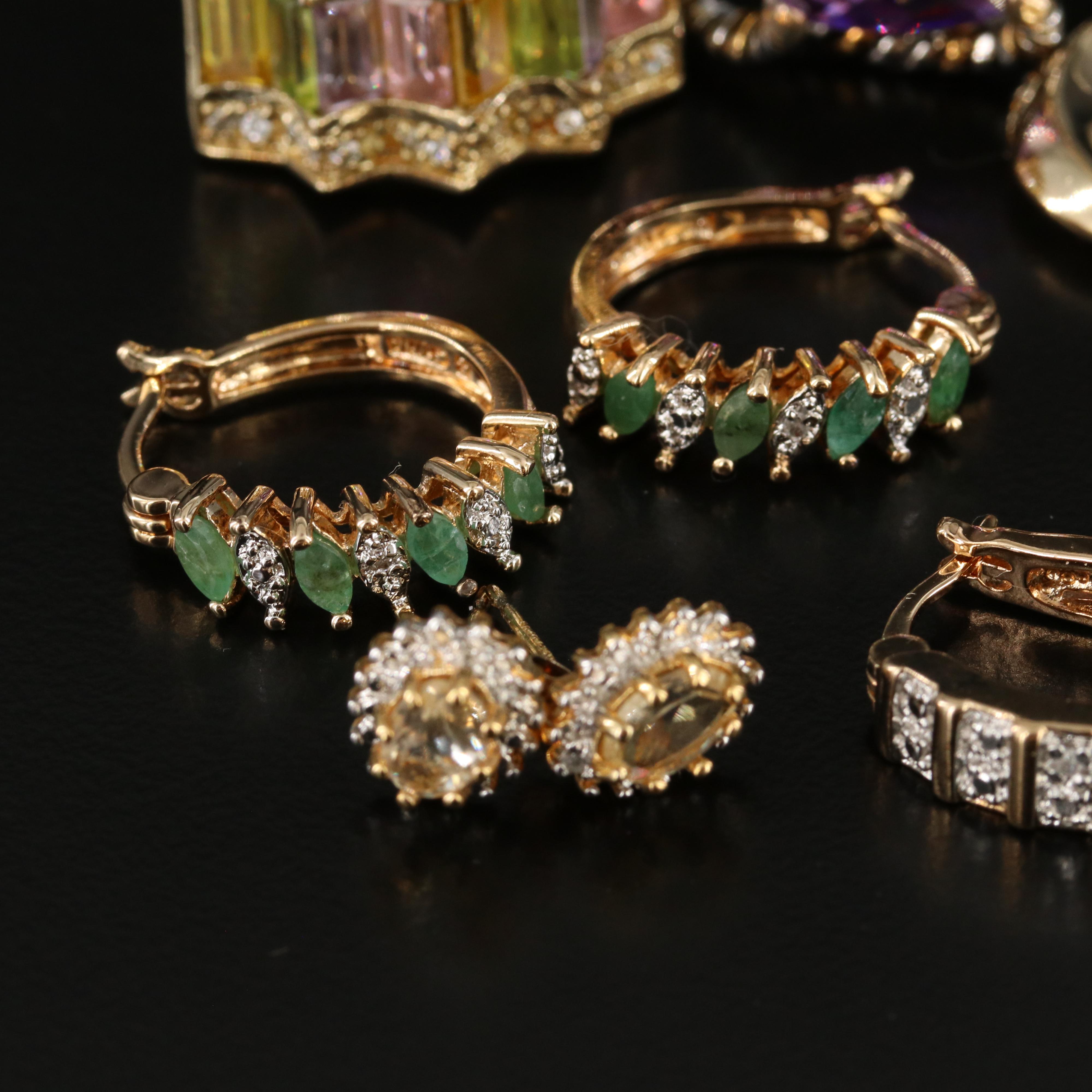 Sterling Emerald, Diamond, Citrine and CZ Earrings and Rings