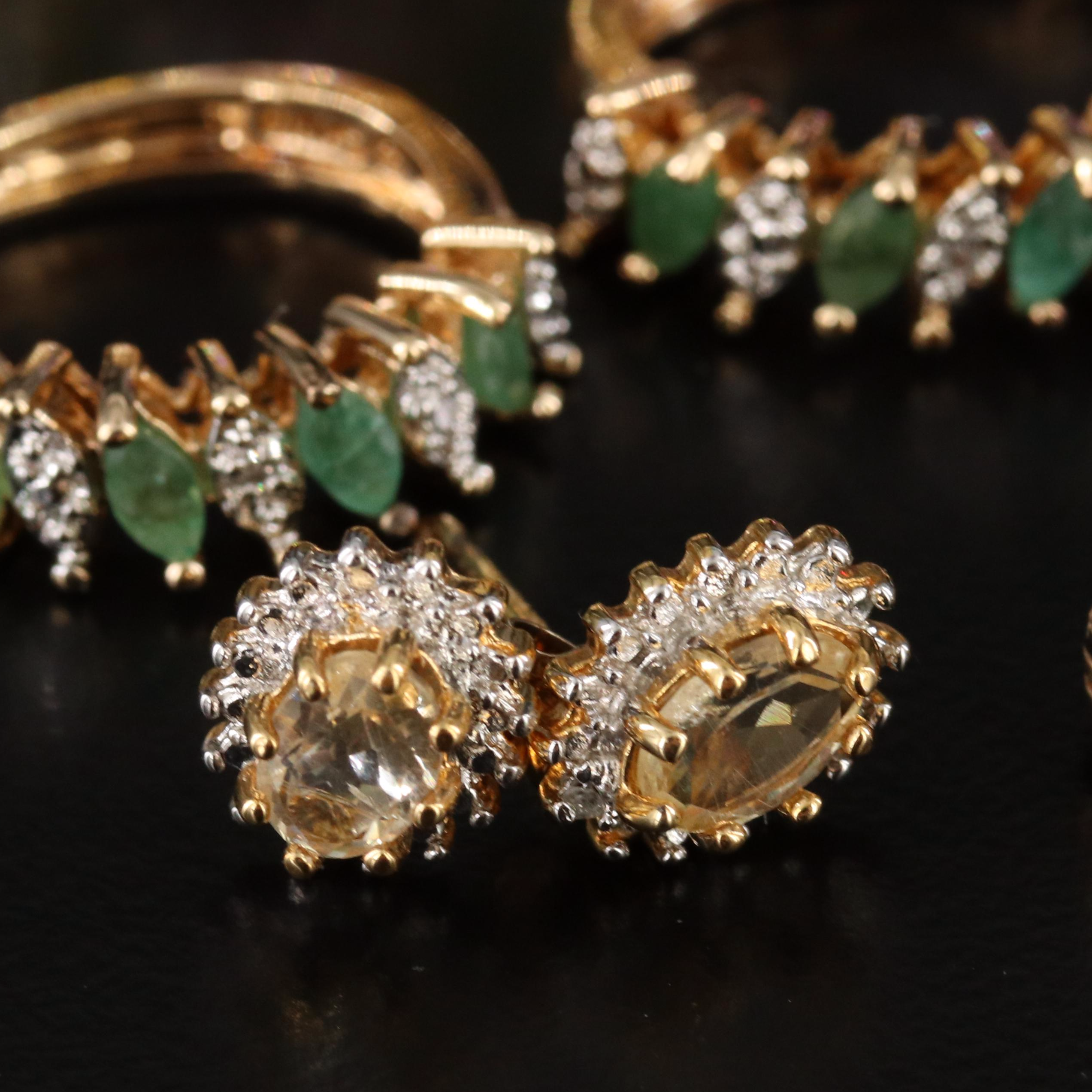 Sterling Emerald, Diamond, Citrine and CZ Earrings and Rings