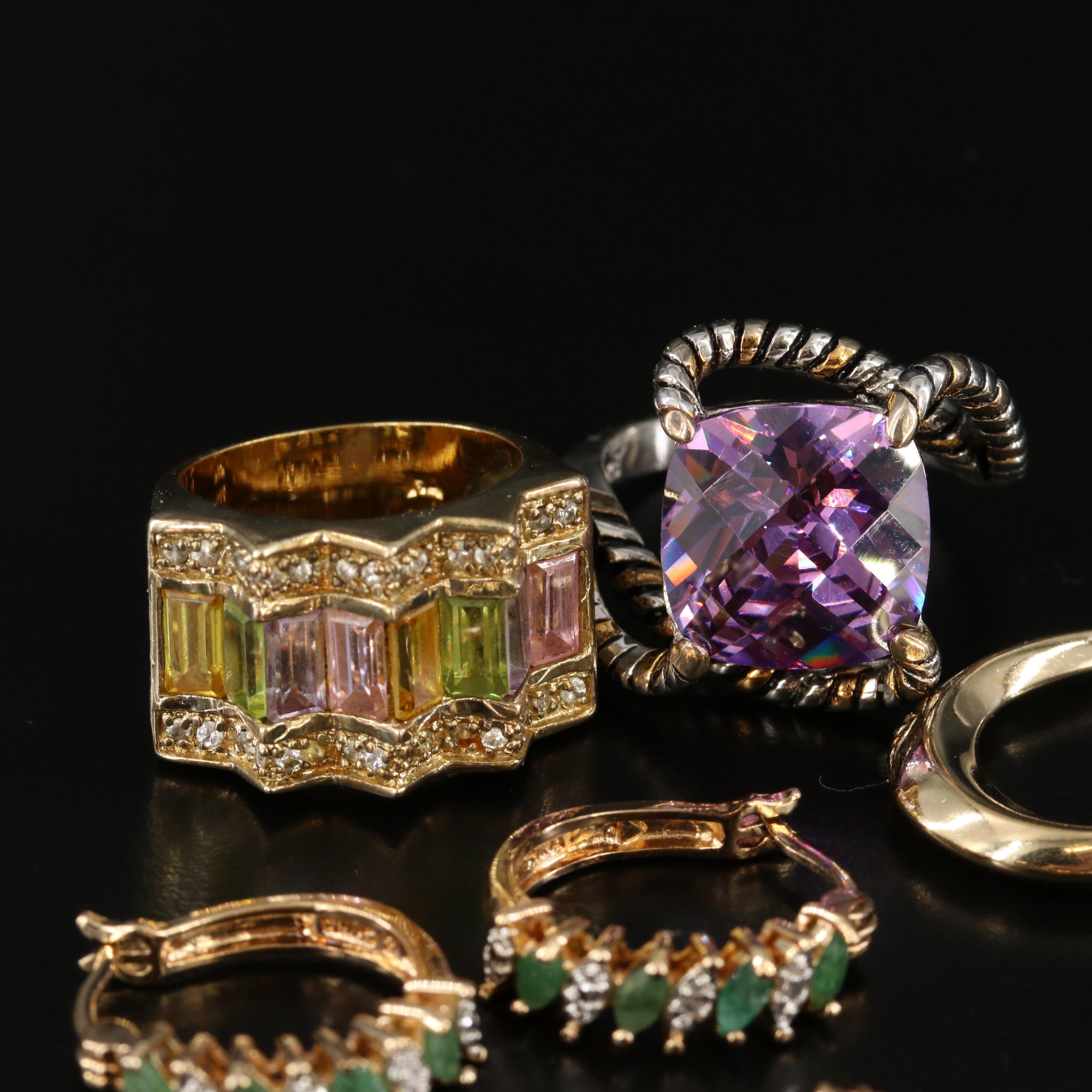 Sterling Emerald, Diamond, Citrine and CZ Earrings and Rings