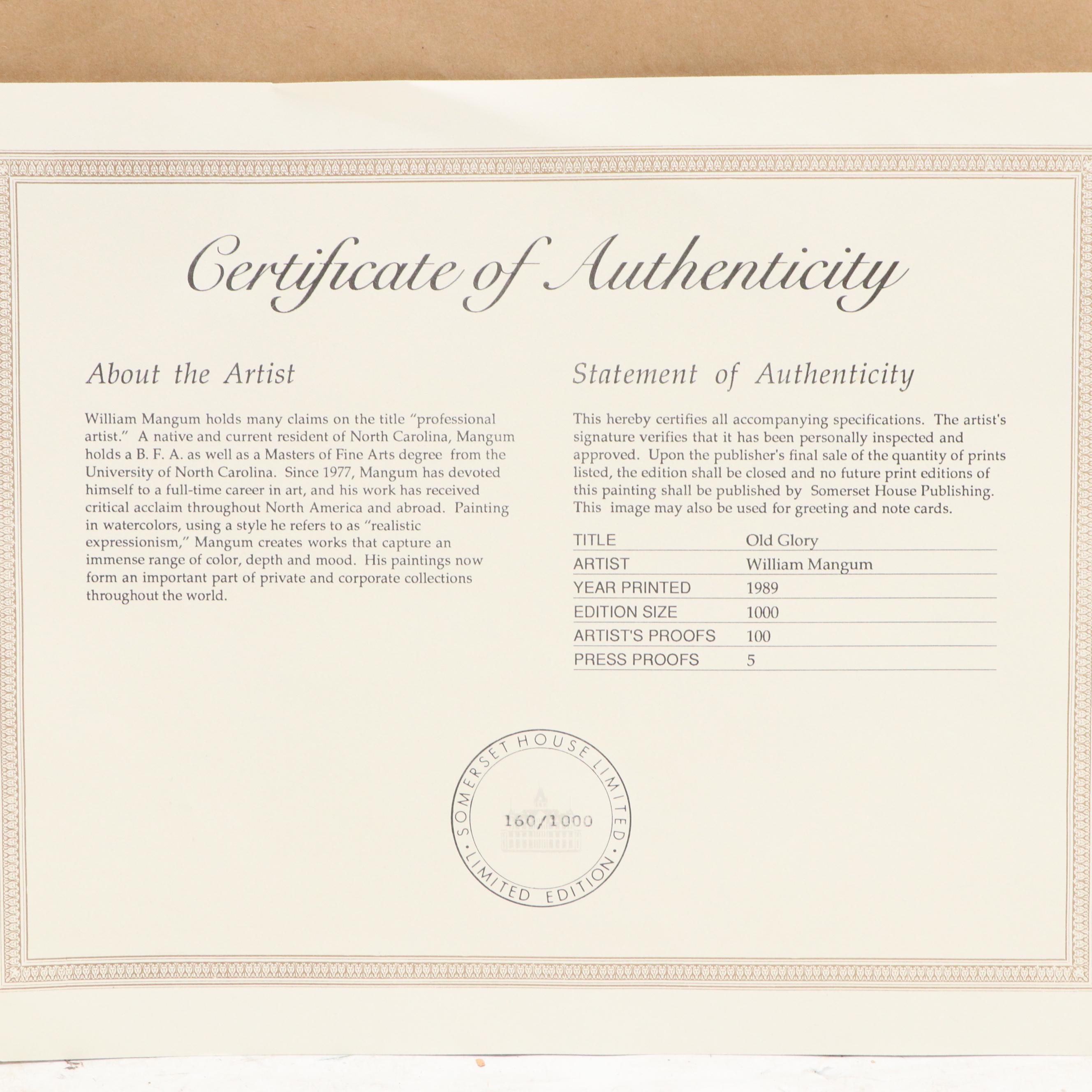 William Mangum Patio Landscape Offset Lithograph "Old Glory," 1989