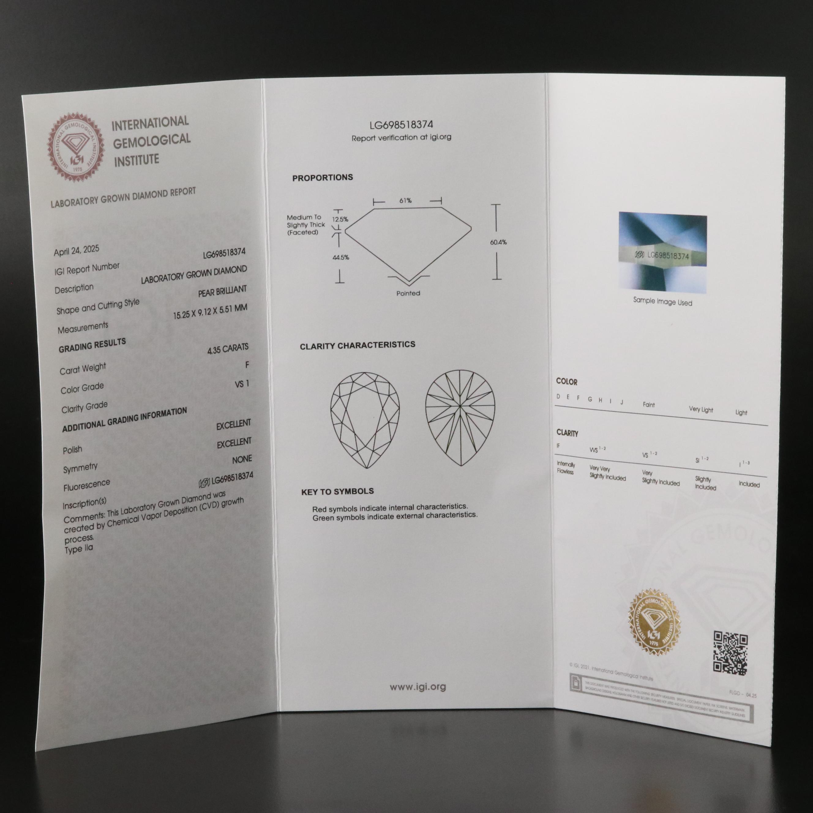 18K 4.35 CT Lab Grown Diamond Solitaire Ring with IGI Report