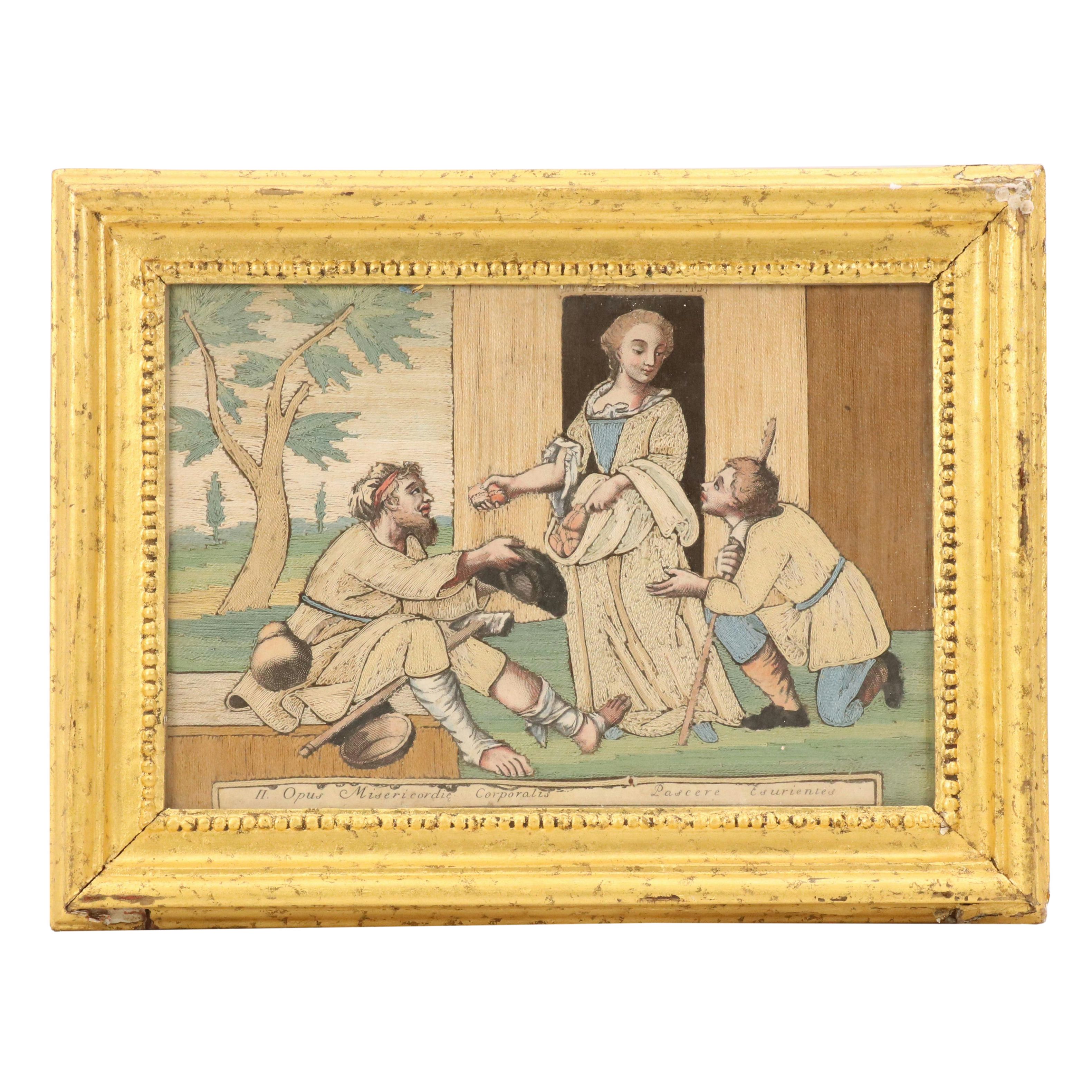 Antique Italian Silk Needlework "Opus Misericordie Corporalis"