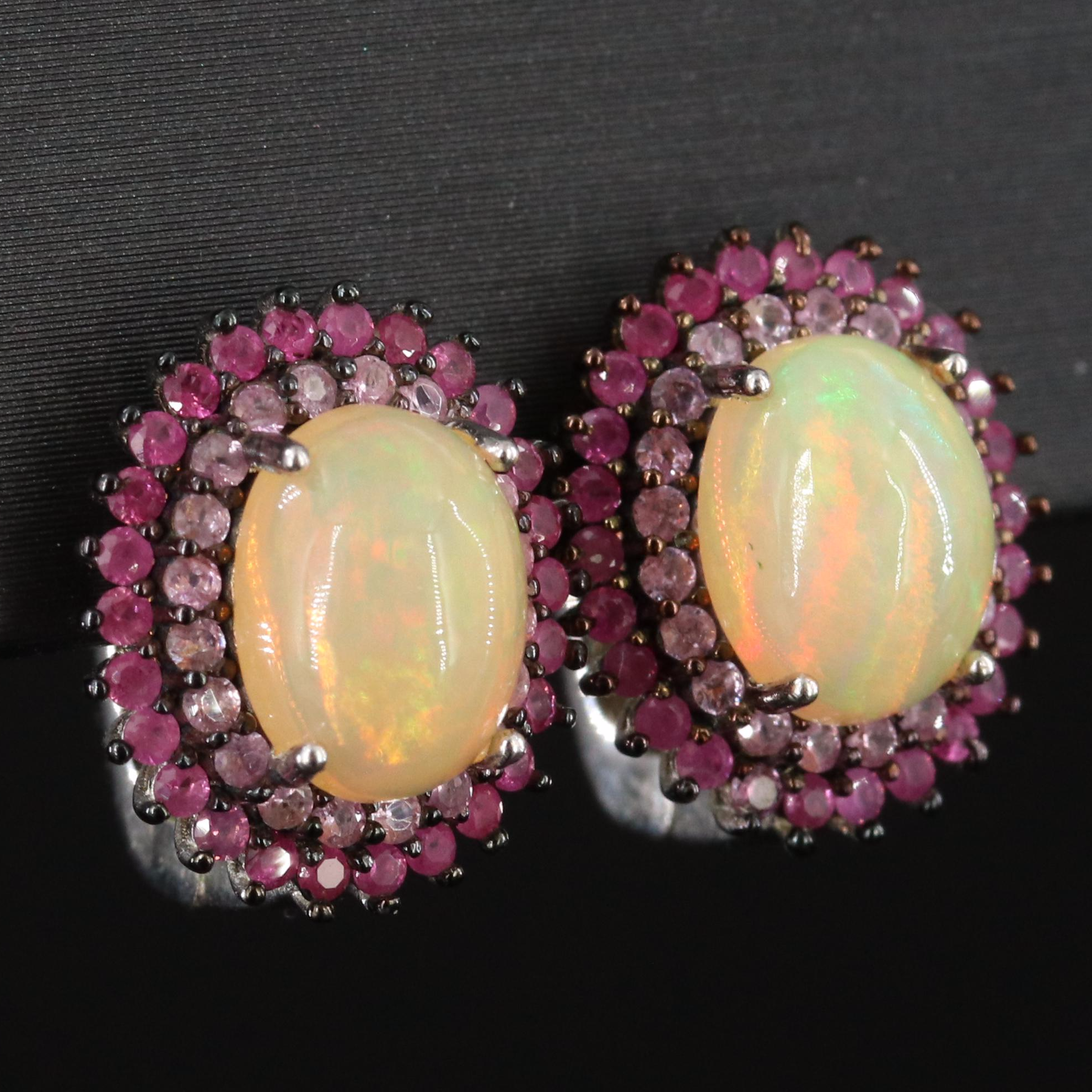 Sterling Opal, Ruby and Pink Sapphire Earrings