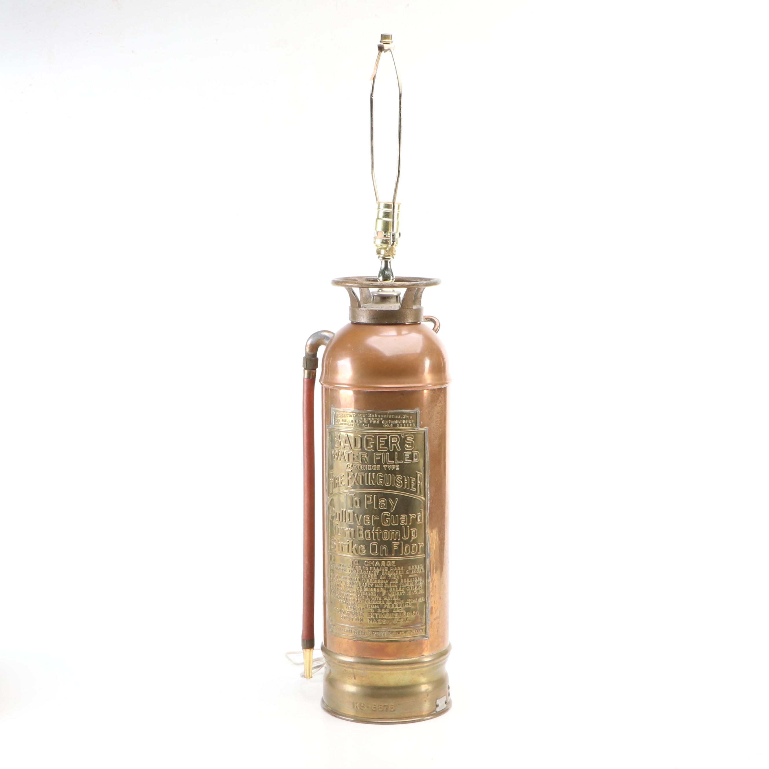 Badger's Copper and Brass Fire Extinguisher Adapted as Lamp, Mid-20th C.