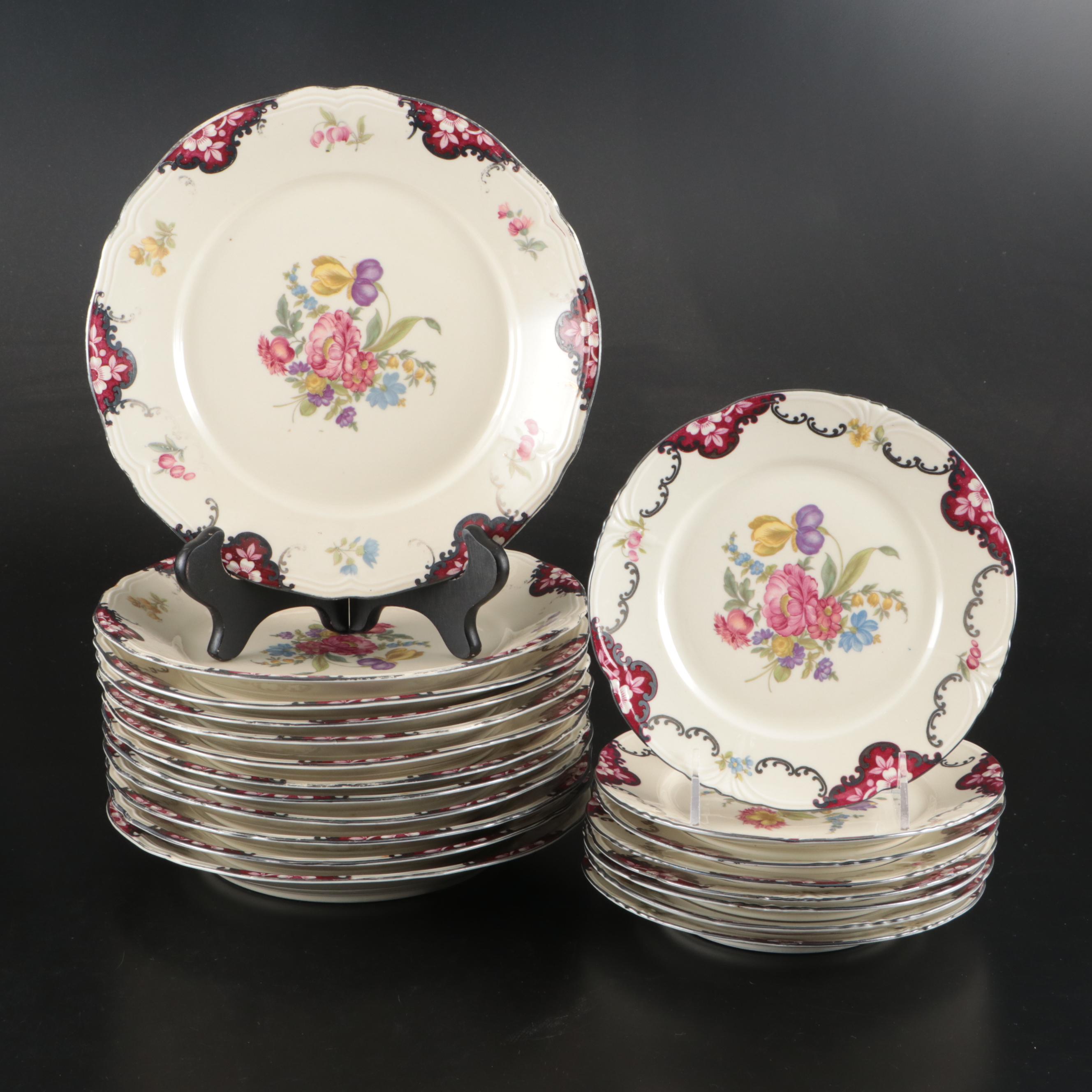 Mitterteich Floral Silver Rimmed Porcelain Dinnerware, Early to Mid-20th C.