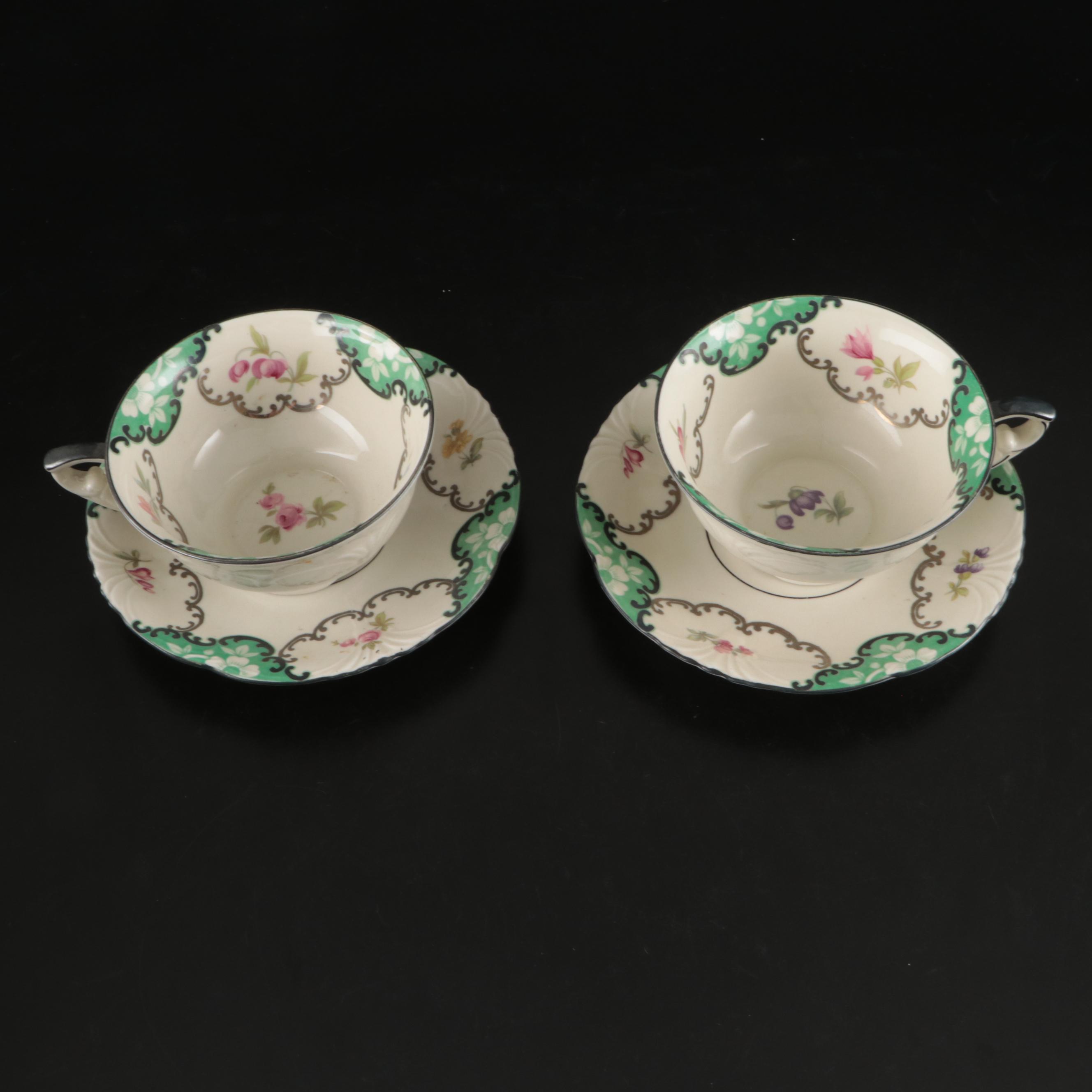 Mitterteich Floral Silver Rimmed Porcelain Dinnerware, Early to Mid-20th C.