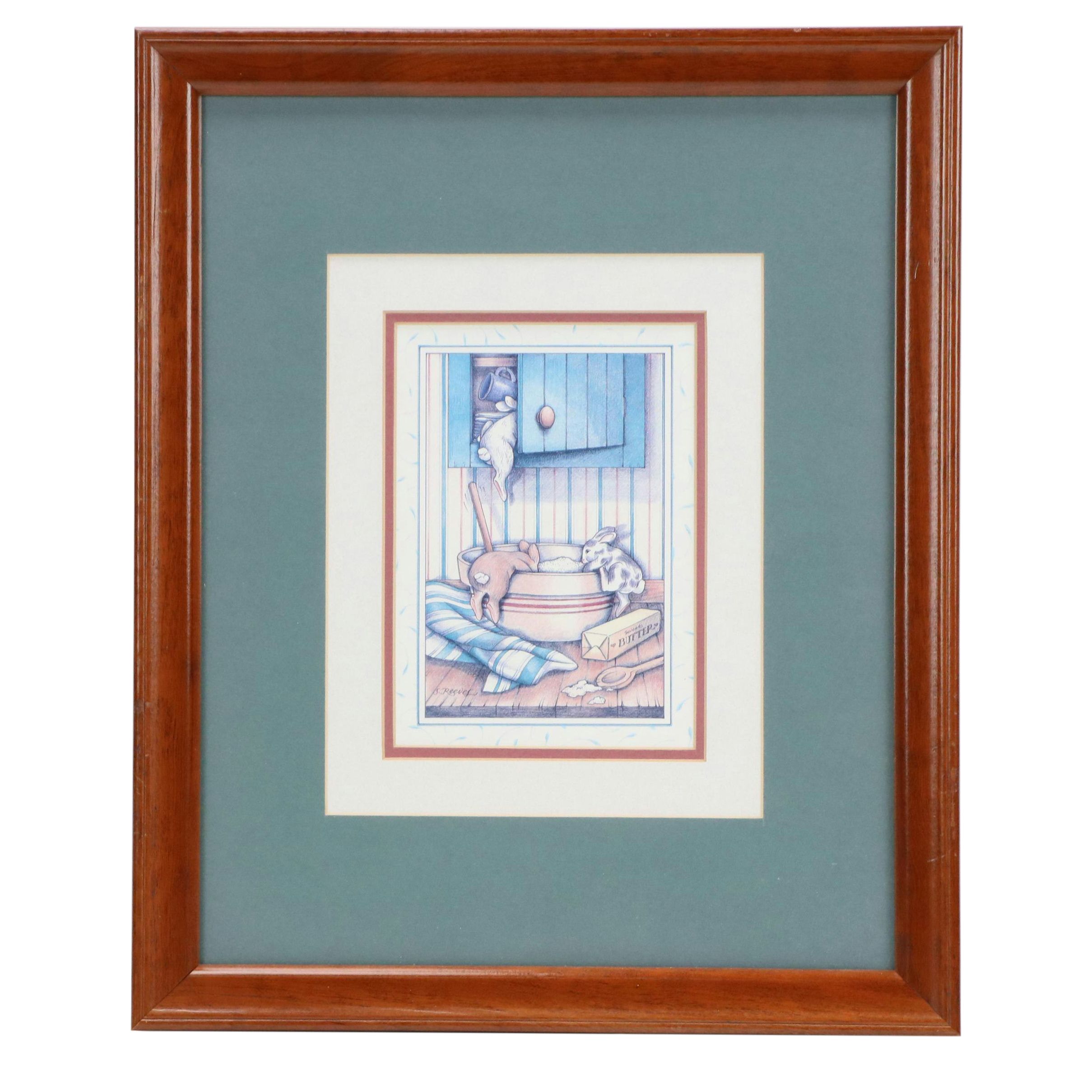 S. Reeves Offset Lithograph of Rabbits, Late 20th Century