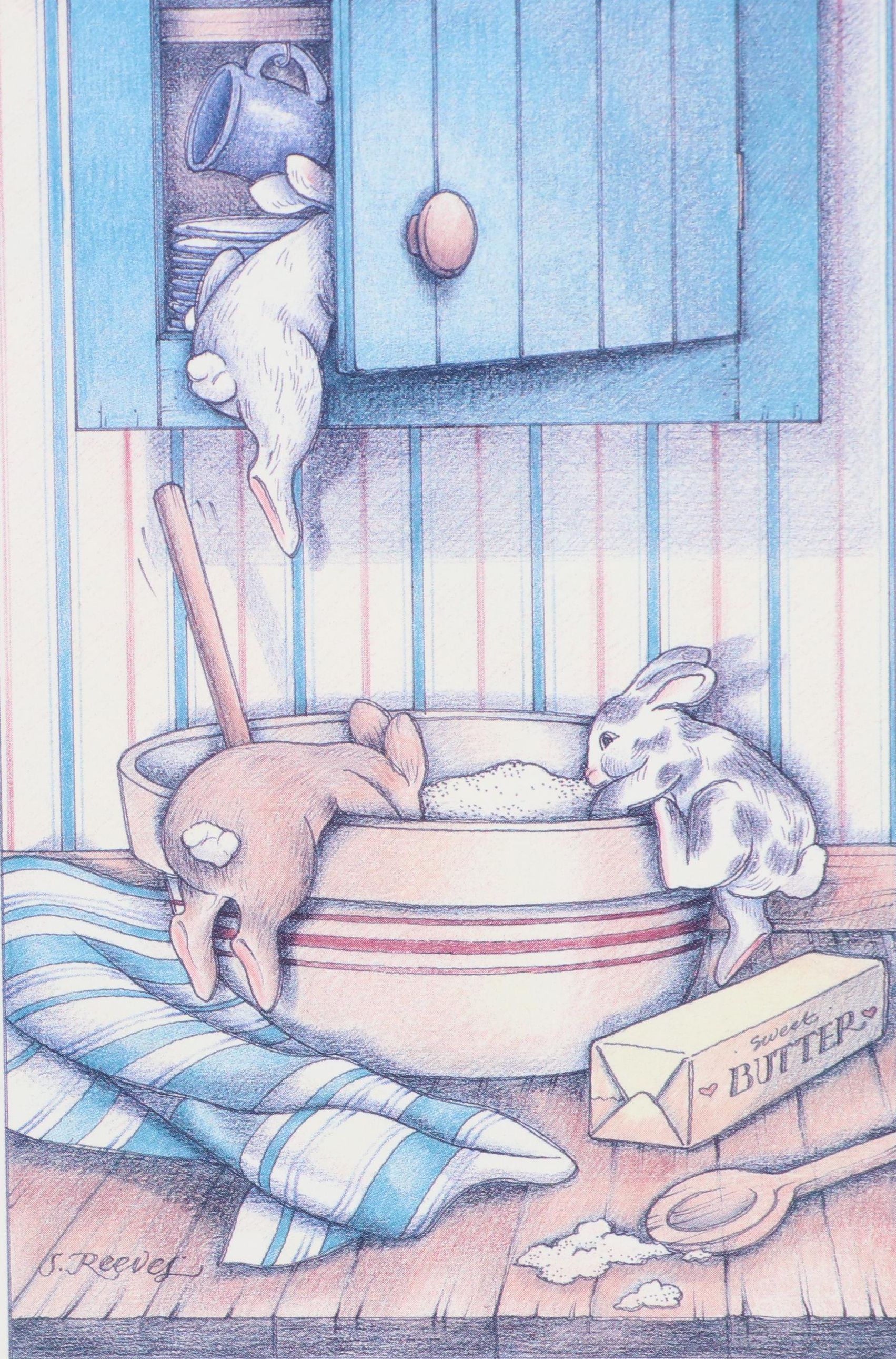 S. Reeves Offset Lithograph of Rabbits, Late 20th Century