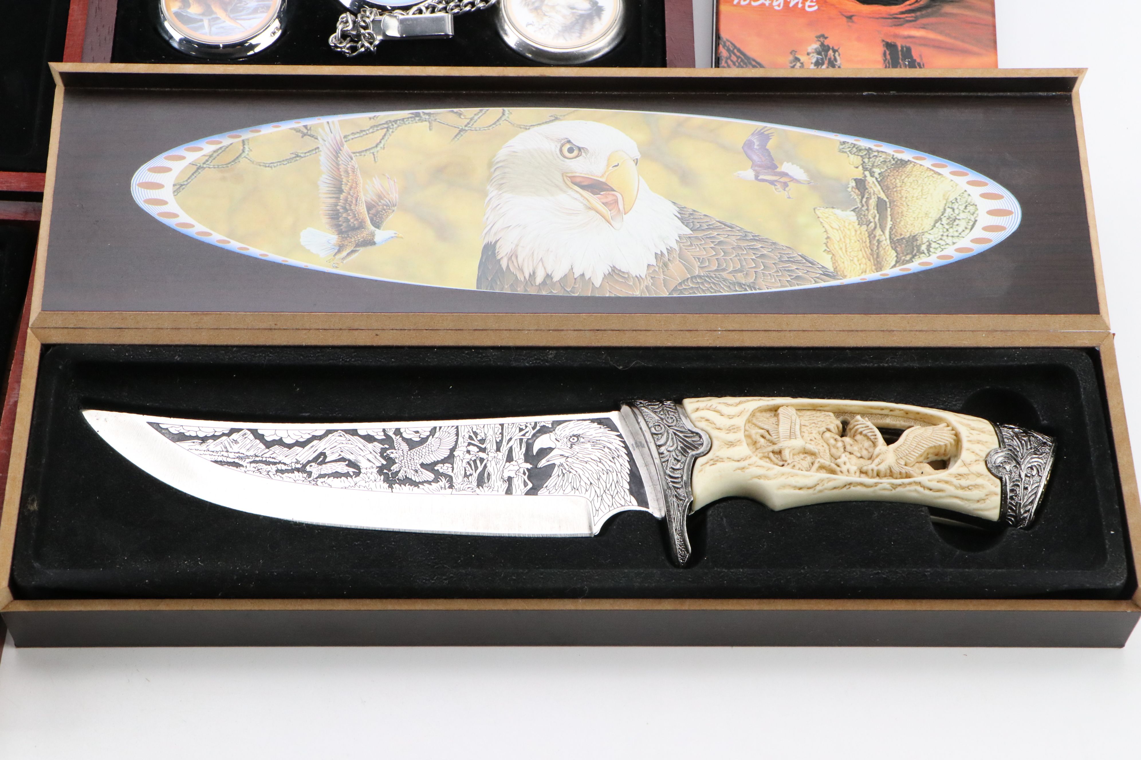 Elvis, John Wayne, and Wildlife Themed Knives with Westminster Pocket Watches