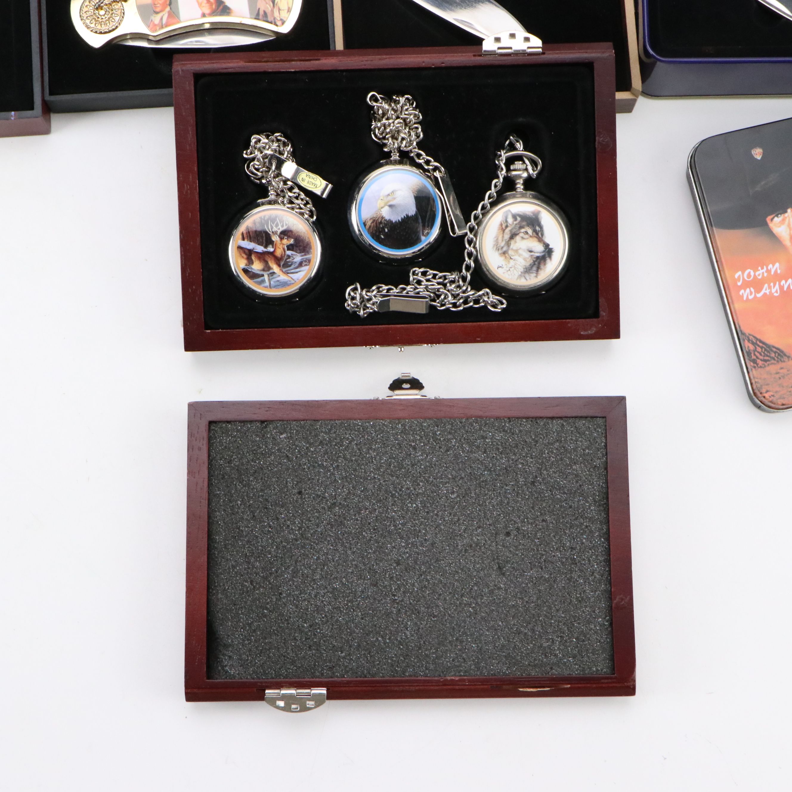 Elvis, John Wayne, and Wildlife Themed Knives with Westminster Pocket Watches