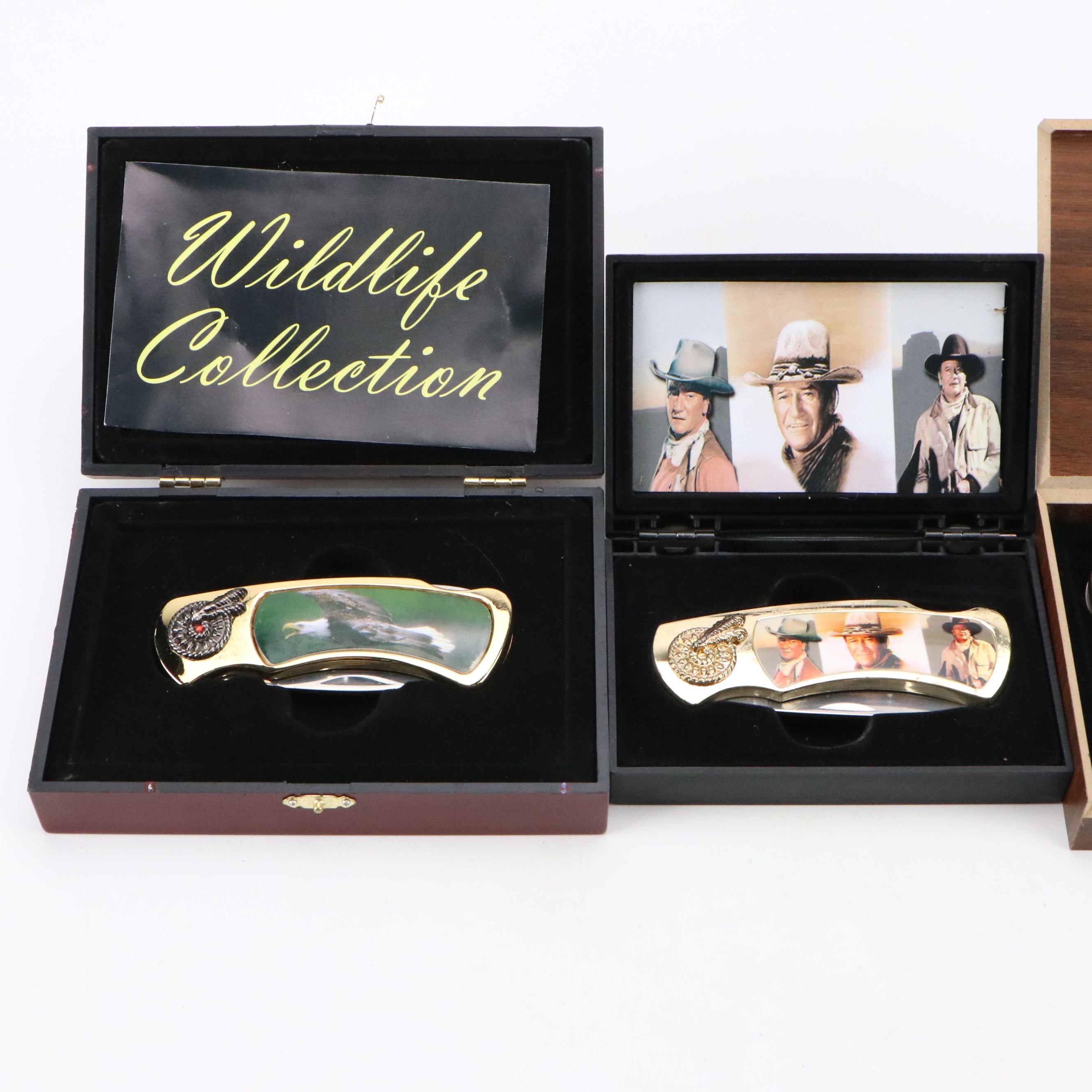 Elvis, John Wayne, and Wildlife Themed Knives with Westminster Pocket Watches