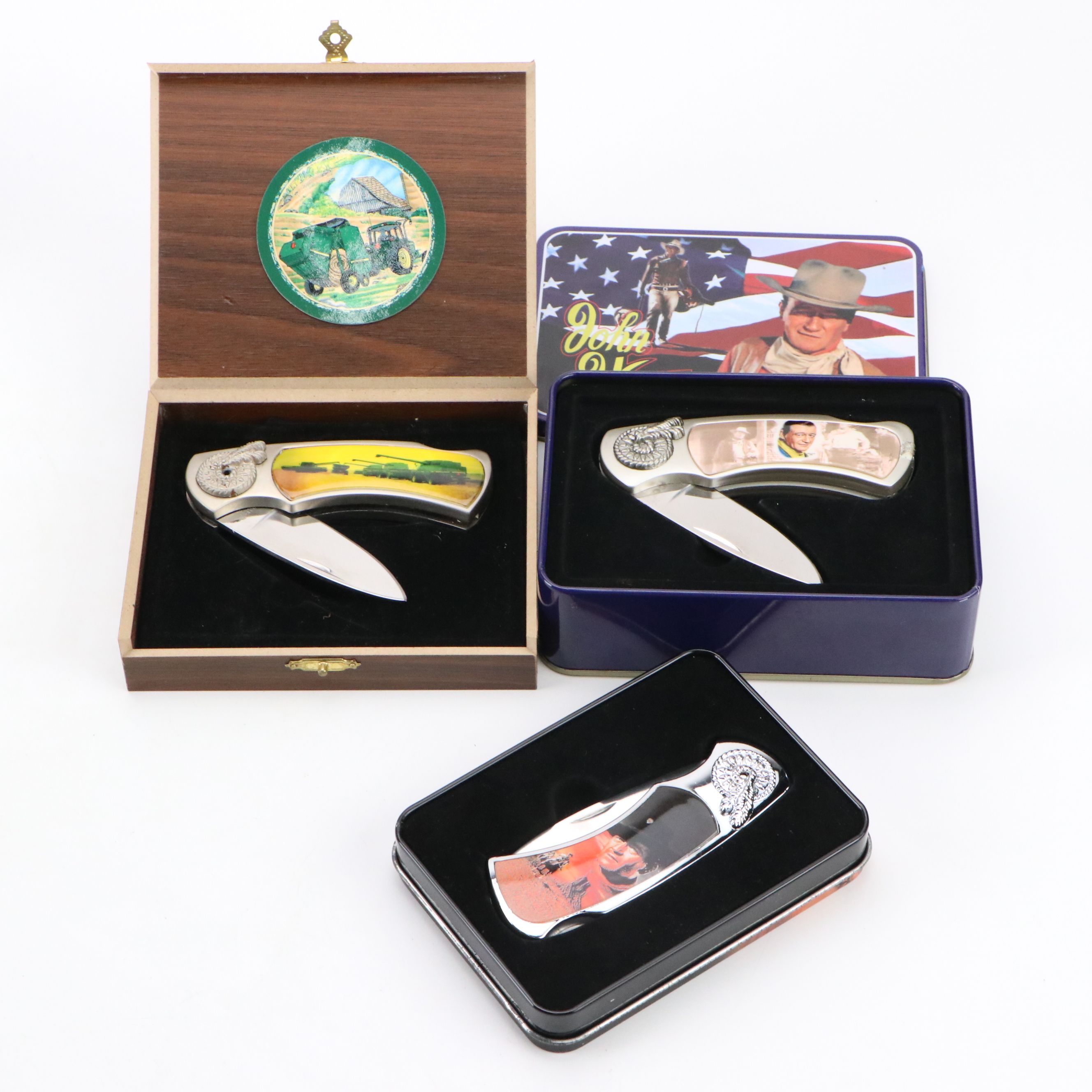 Elvis, John Wayne, and Wildlife Themed Knives with Westminster Pocket Watches