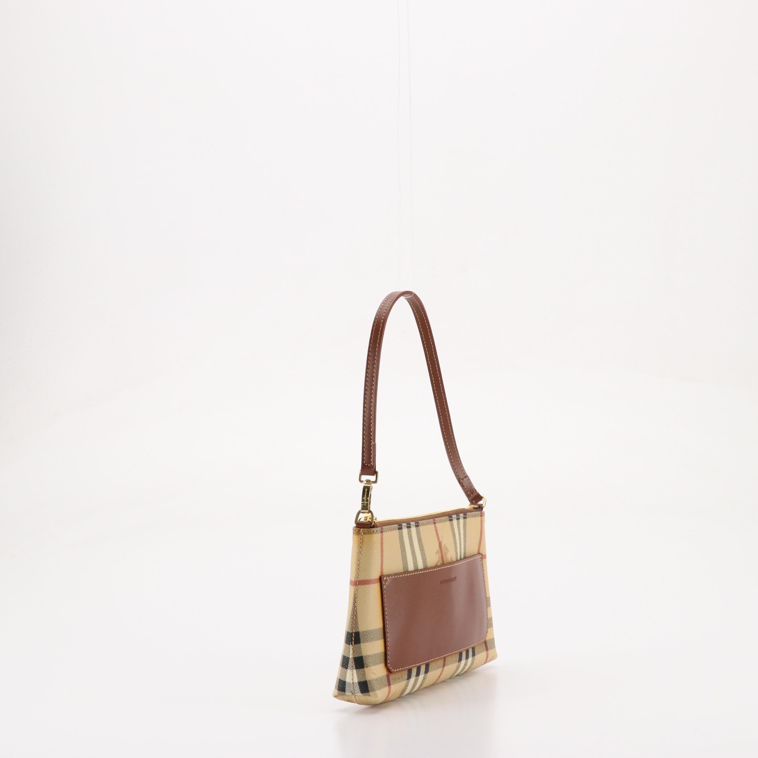 Burberry Pochette Shoulder Bag in Haymarket Check Canvas and Brown Leather