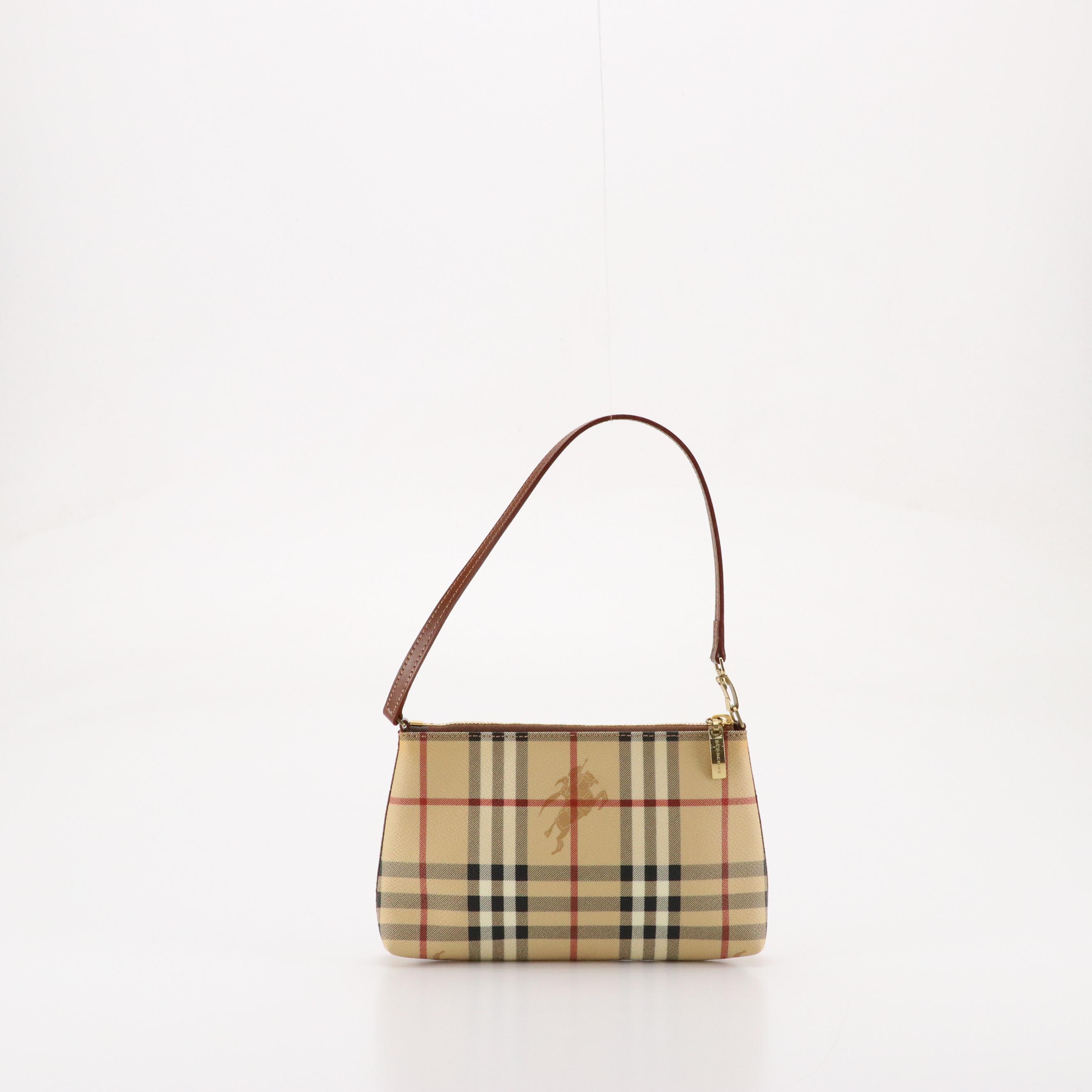Burberry Pochette Shoulder Bag in Haymarket Check Canvas and Brown Leather