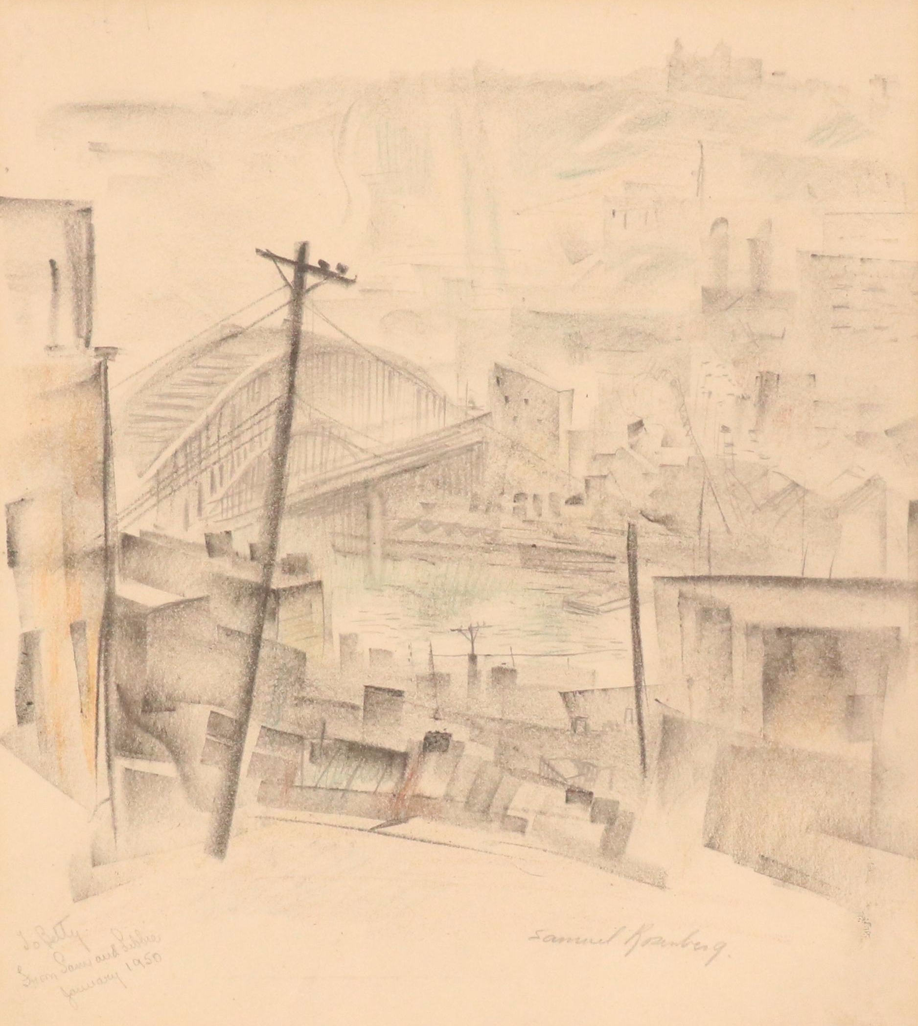 Samuel Rosenberg Cityscape Graphite Drawing of River Scene, 1950