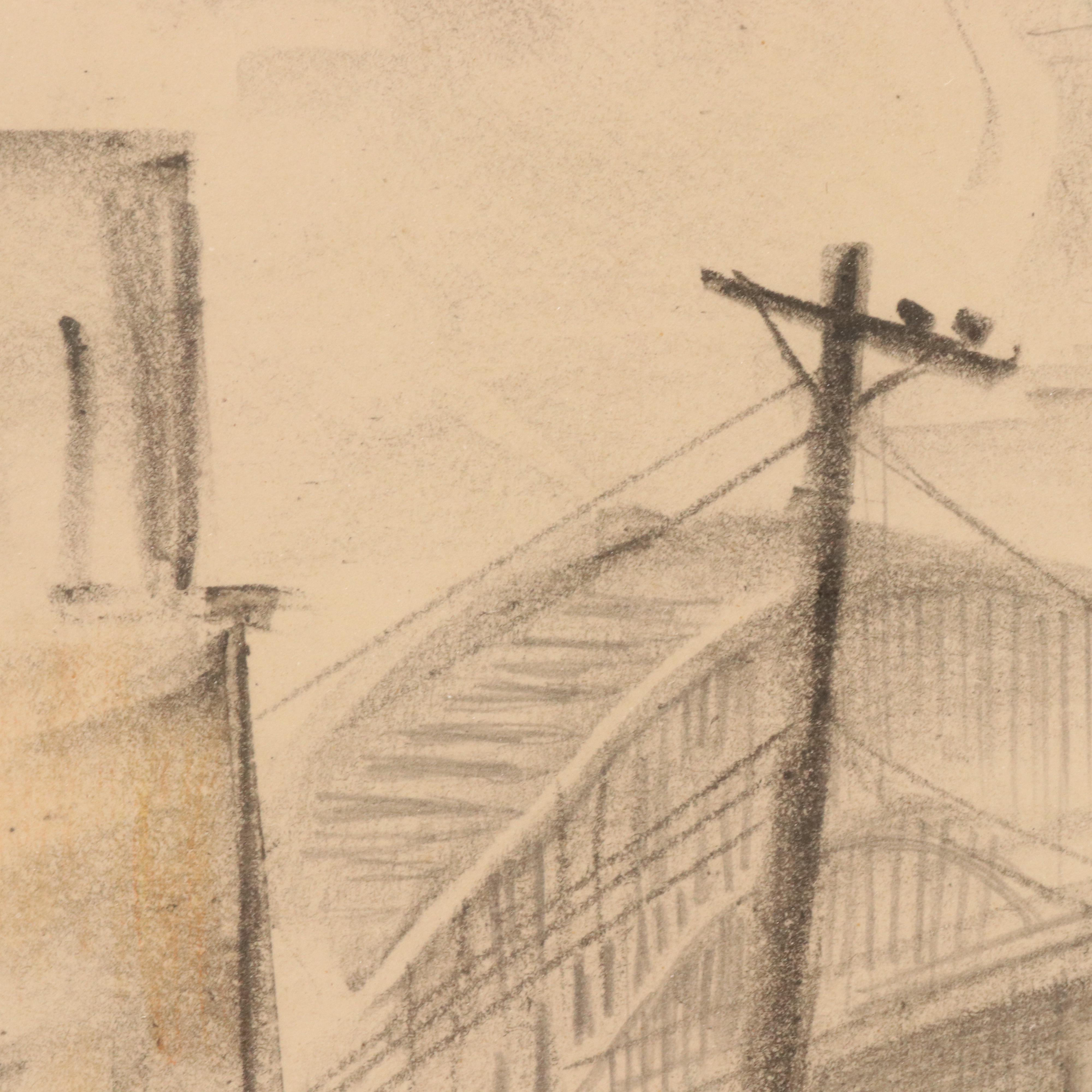 Samuel Rosenberg Cityscape Graphite Drawing of River Scene, 1950