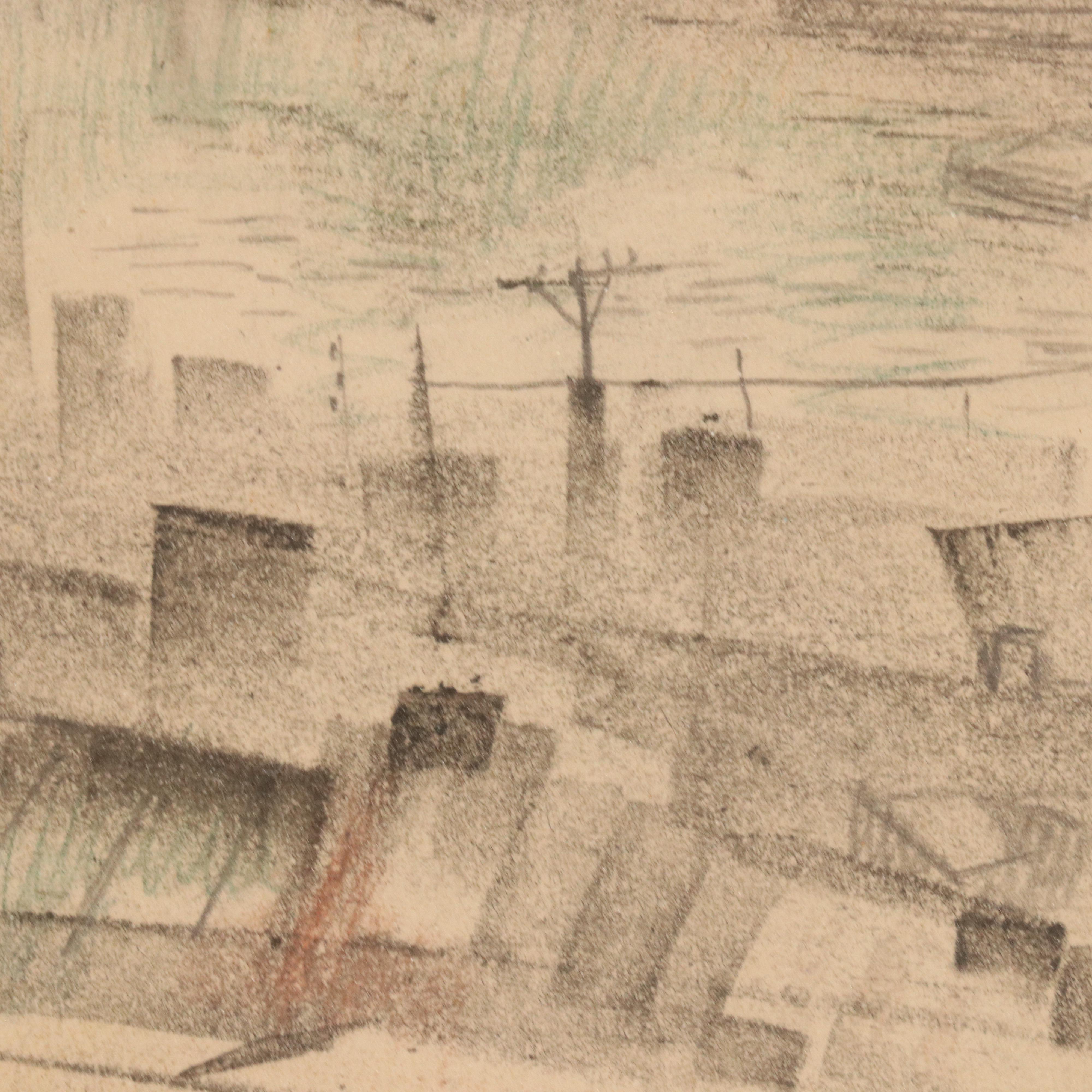 Samuel Rosenberg Cityscape Graphite Drawing of River Scene, 1950