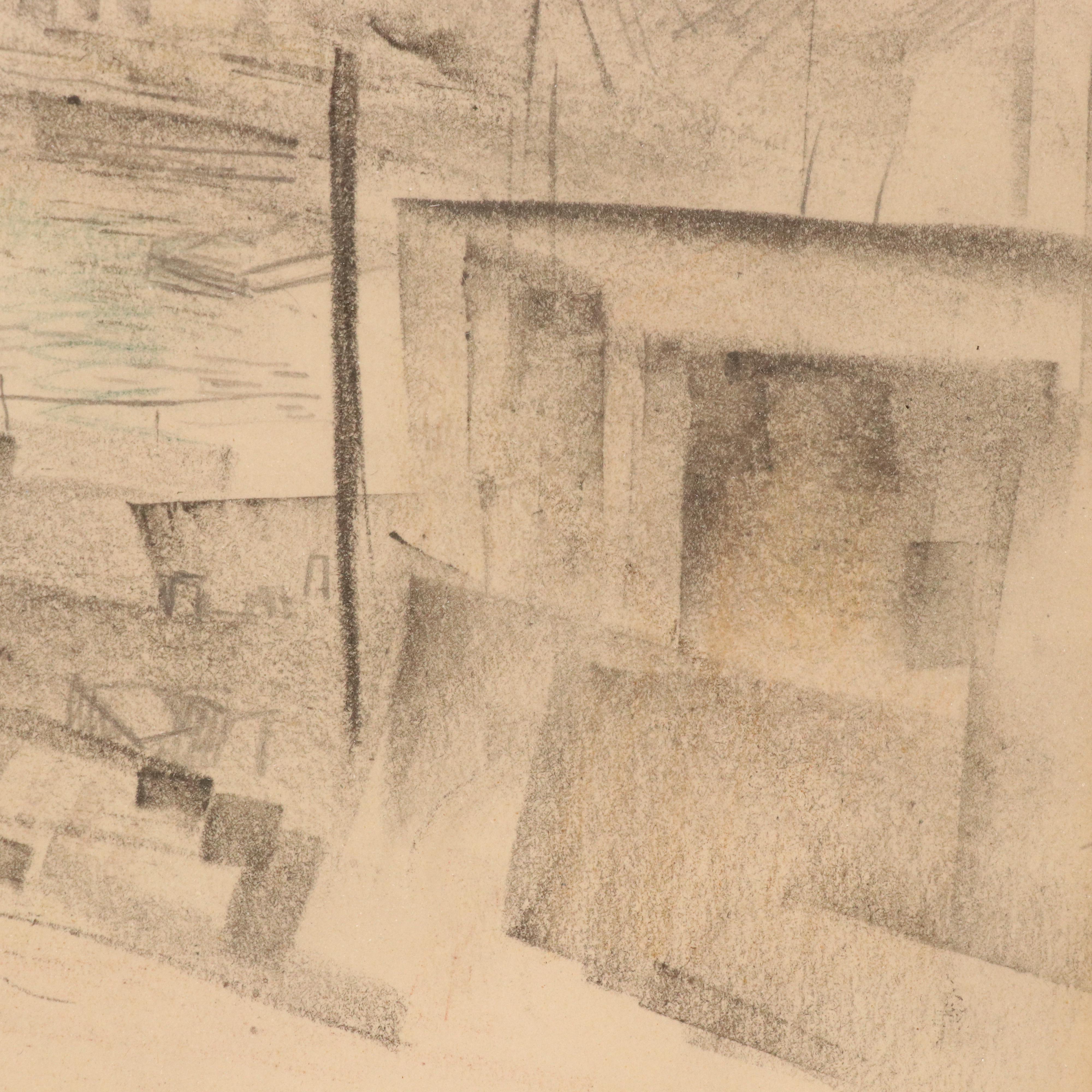 Samuel Rosenberg Cityscape Graphite Drawing of River Scene, 1950