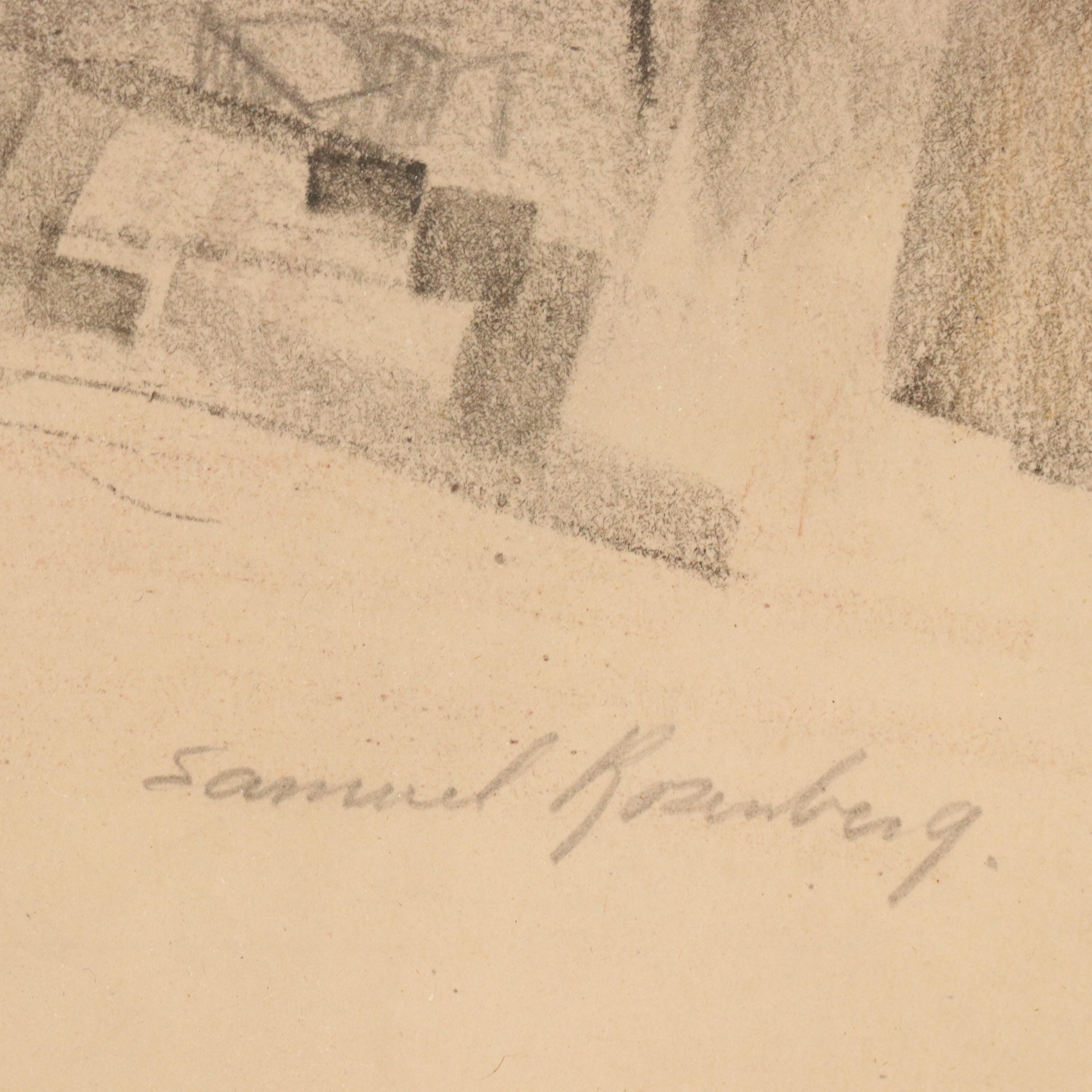 Samuel Rosenberg Cityscape Graphite Drawing of River Scene, 1950