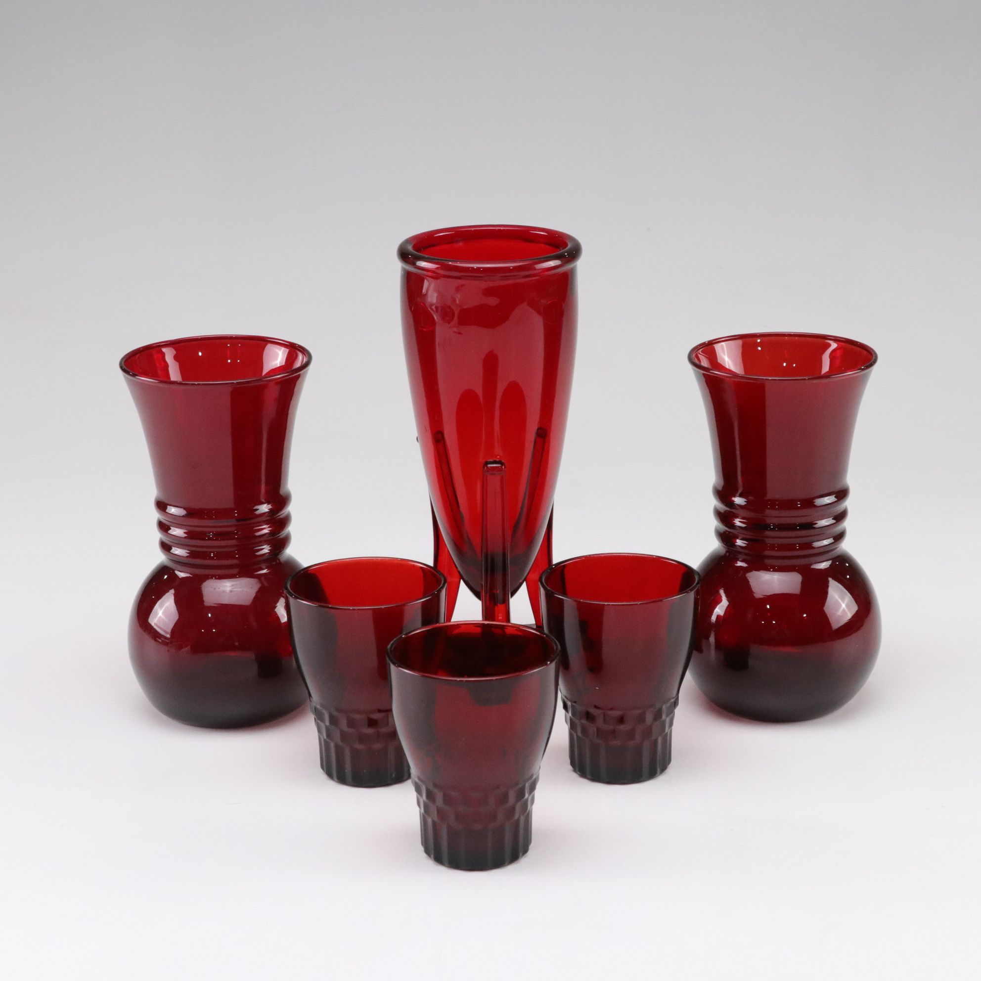 Ruby Red Glass with Anchor Hocking Vases and Three "Windsor" Glasses