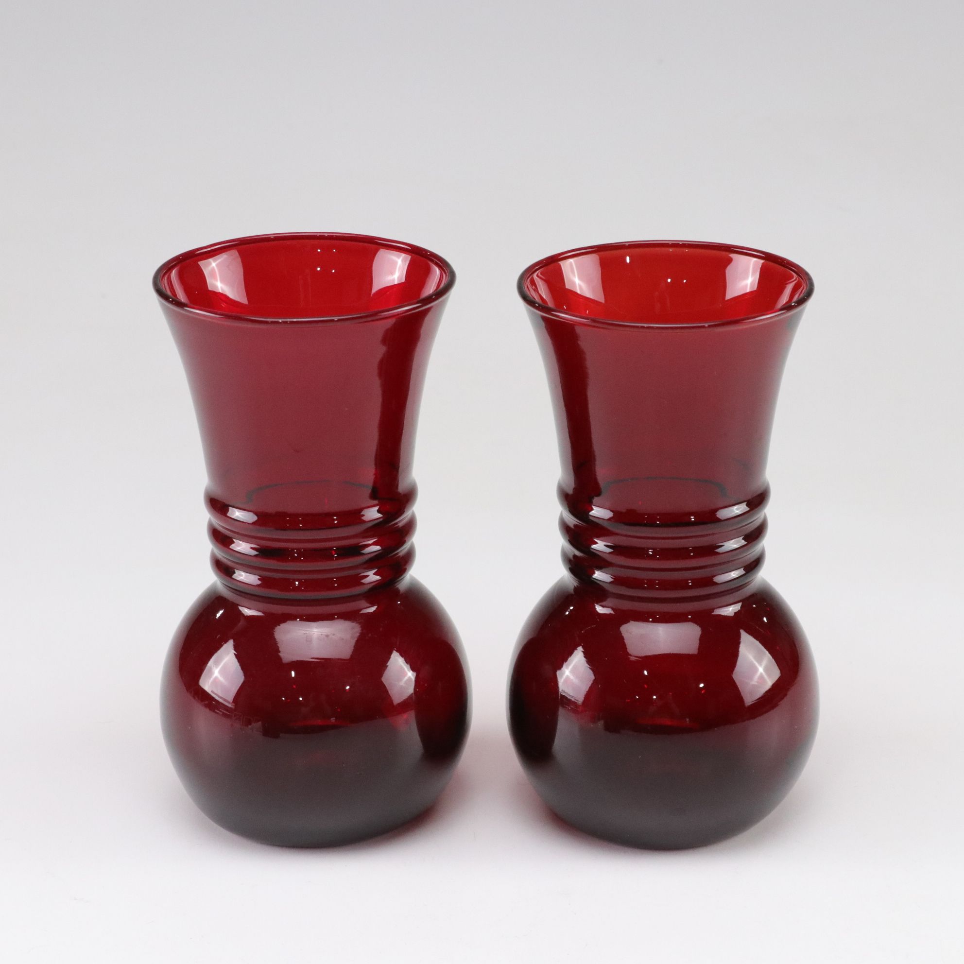Ruby Red Glass with Anchor Hocking Vases and Three "Windsor" Glasses