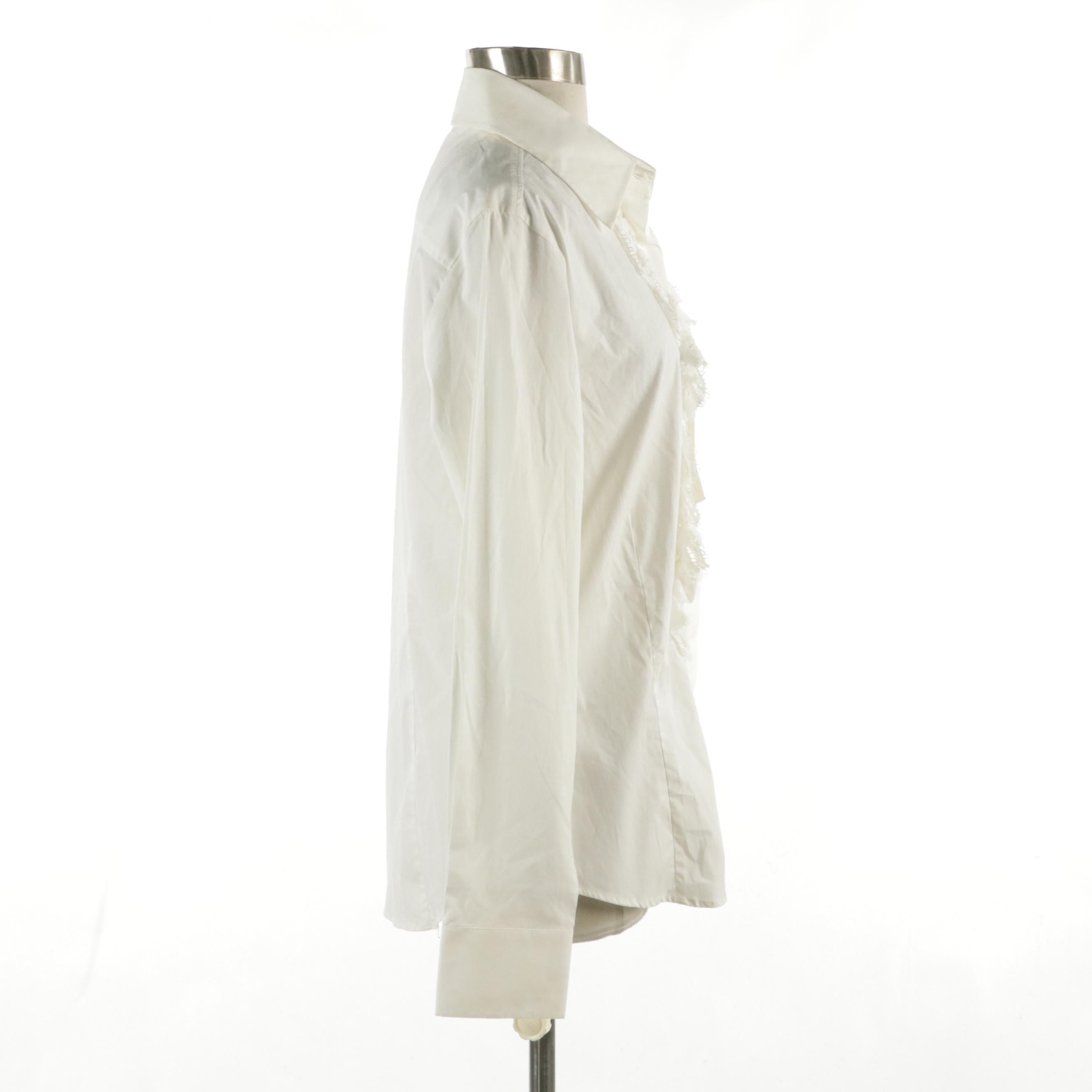 Burberry Lace Ruffle-Front Blouse in White Stretch Cotton, With Tag