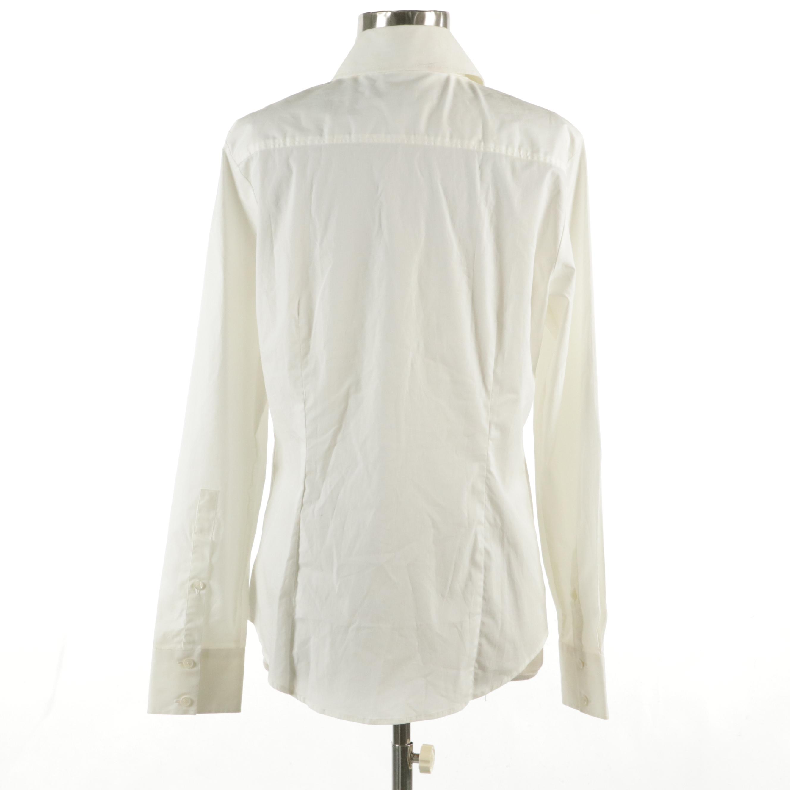 Burberry Lace Ruffle-Front Blouse in White Stretch Cotton, With Tag