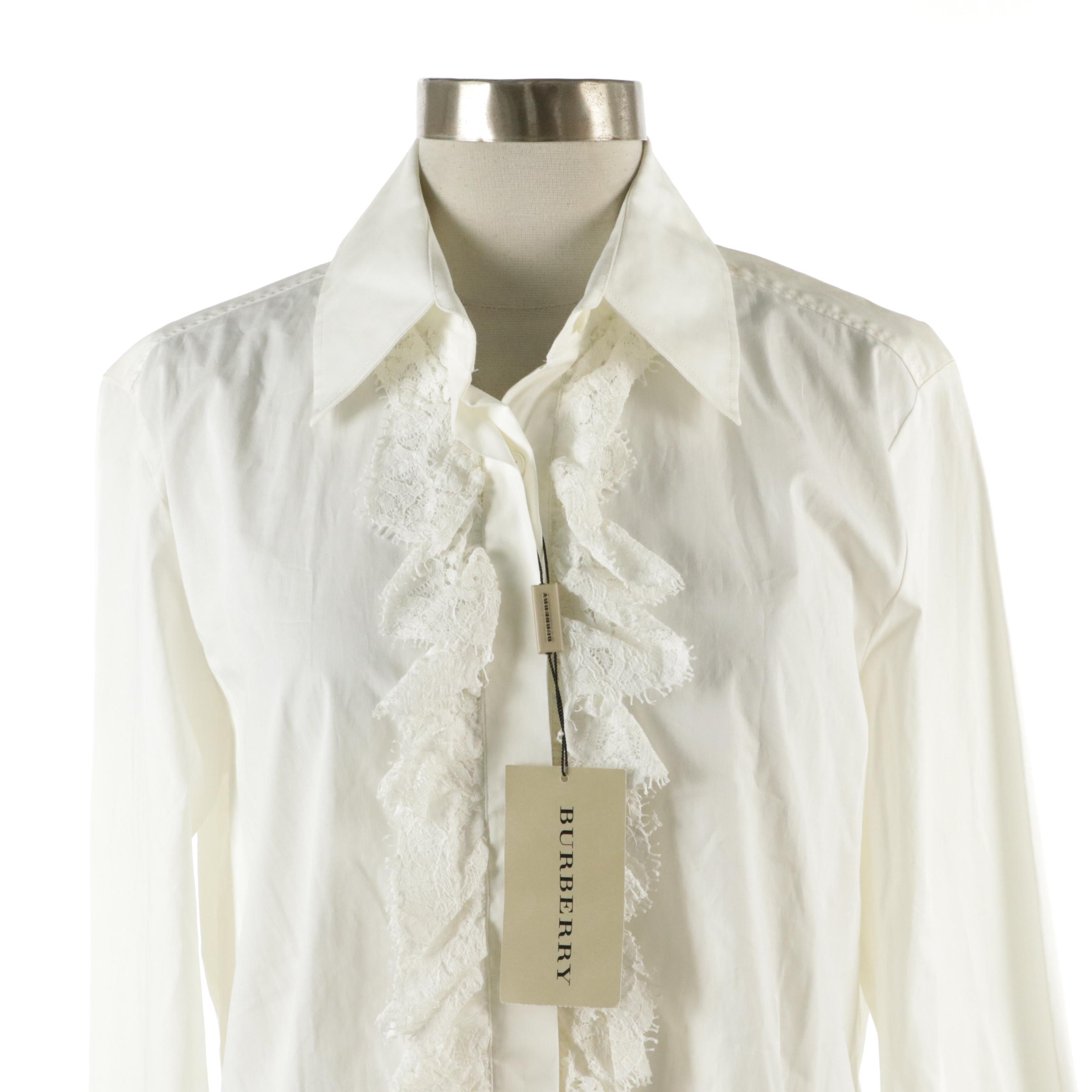 Burberry Lace Ruffle-Front Blouse in White Stretch Cotton, With Tag