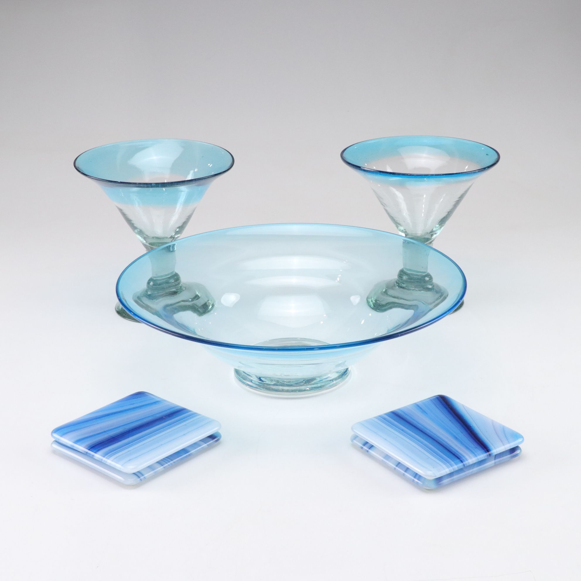Cerulean Rim Margarita Glasses and Centerpiece Bowl with Swirl Glass Coasters