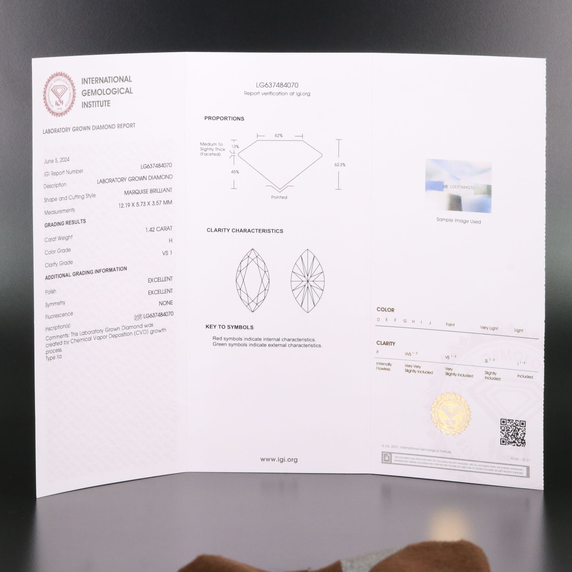 Loose 1.42 CT Lab Grown Diamond with IGI Report