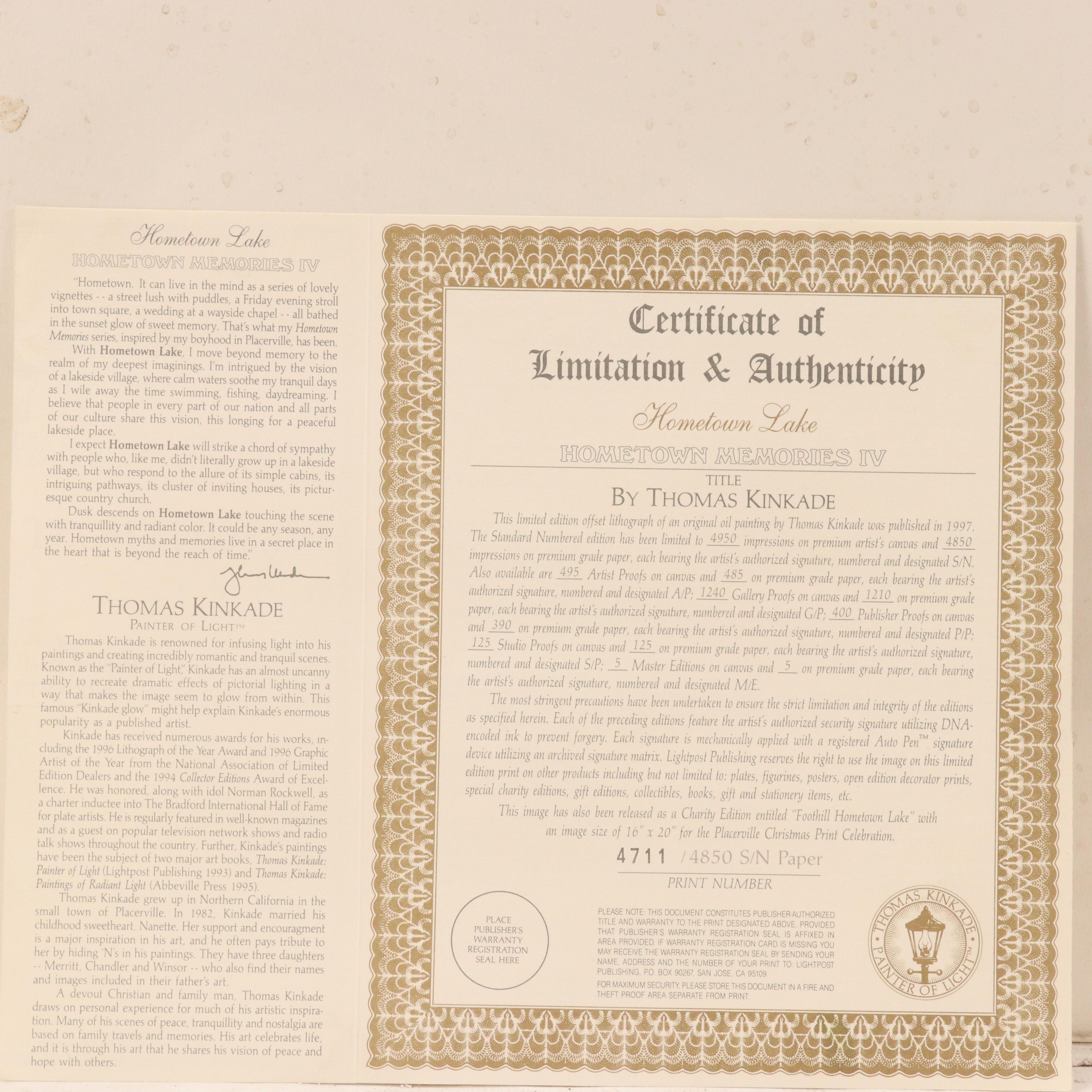 Thomas Kinkade Offset Lithograph "Hometown Lake"