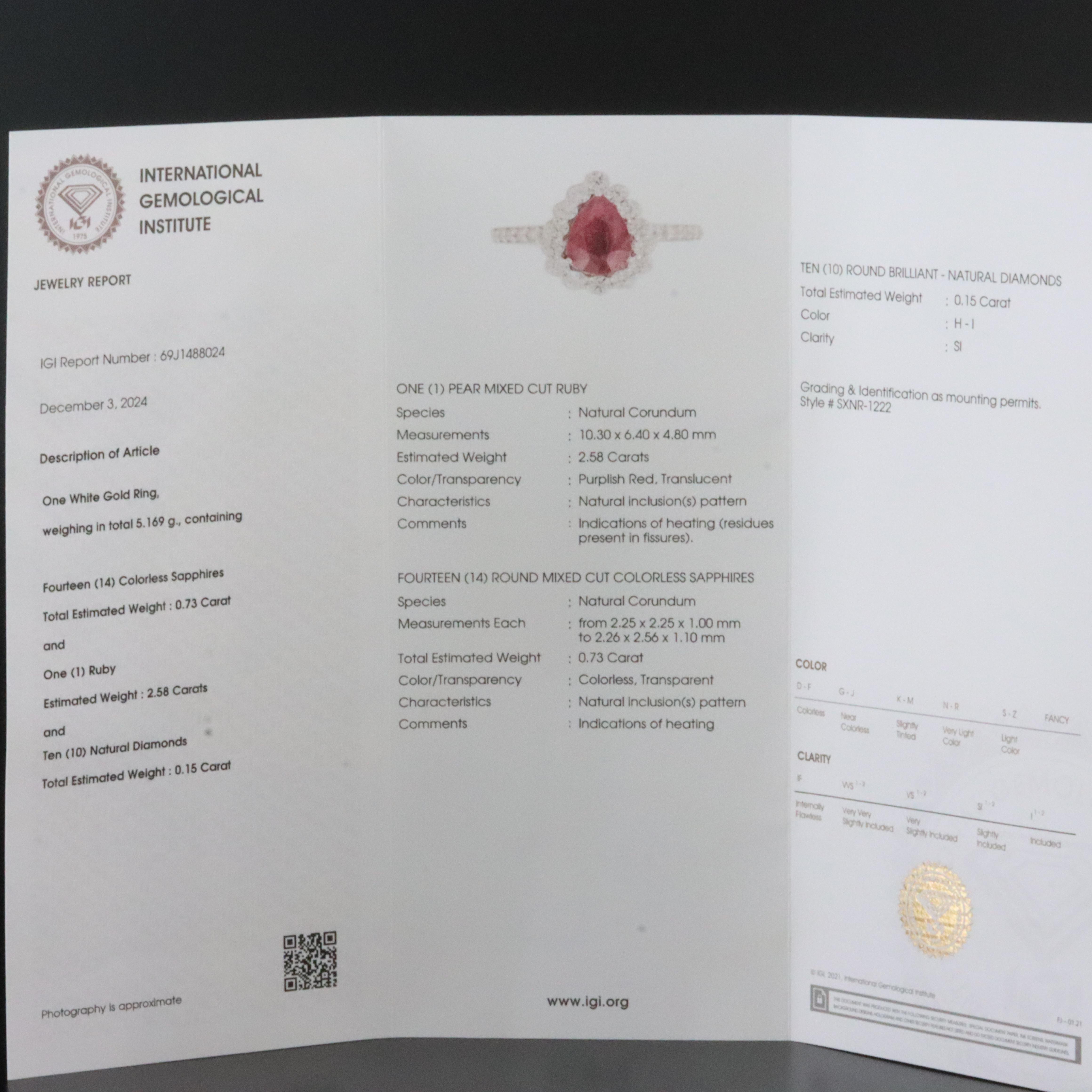 14K 2.58 CT Ruby, White Sapphire, and Diamond Ring with IGI Jewelry Report