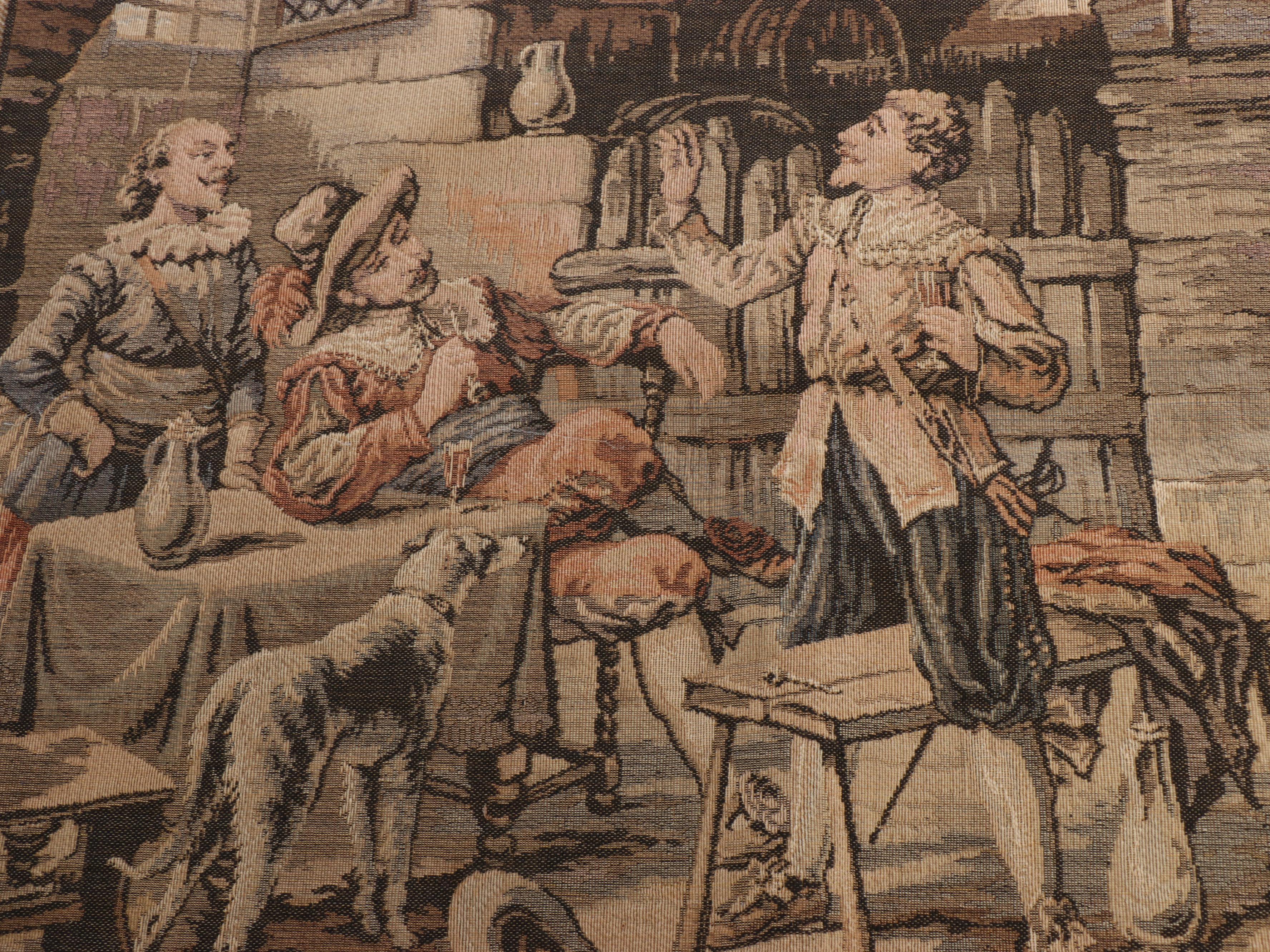 French Jacquard Woven Tapestry Panel Continental Genre Scene of Tavern