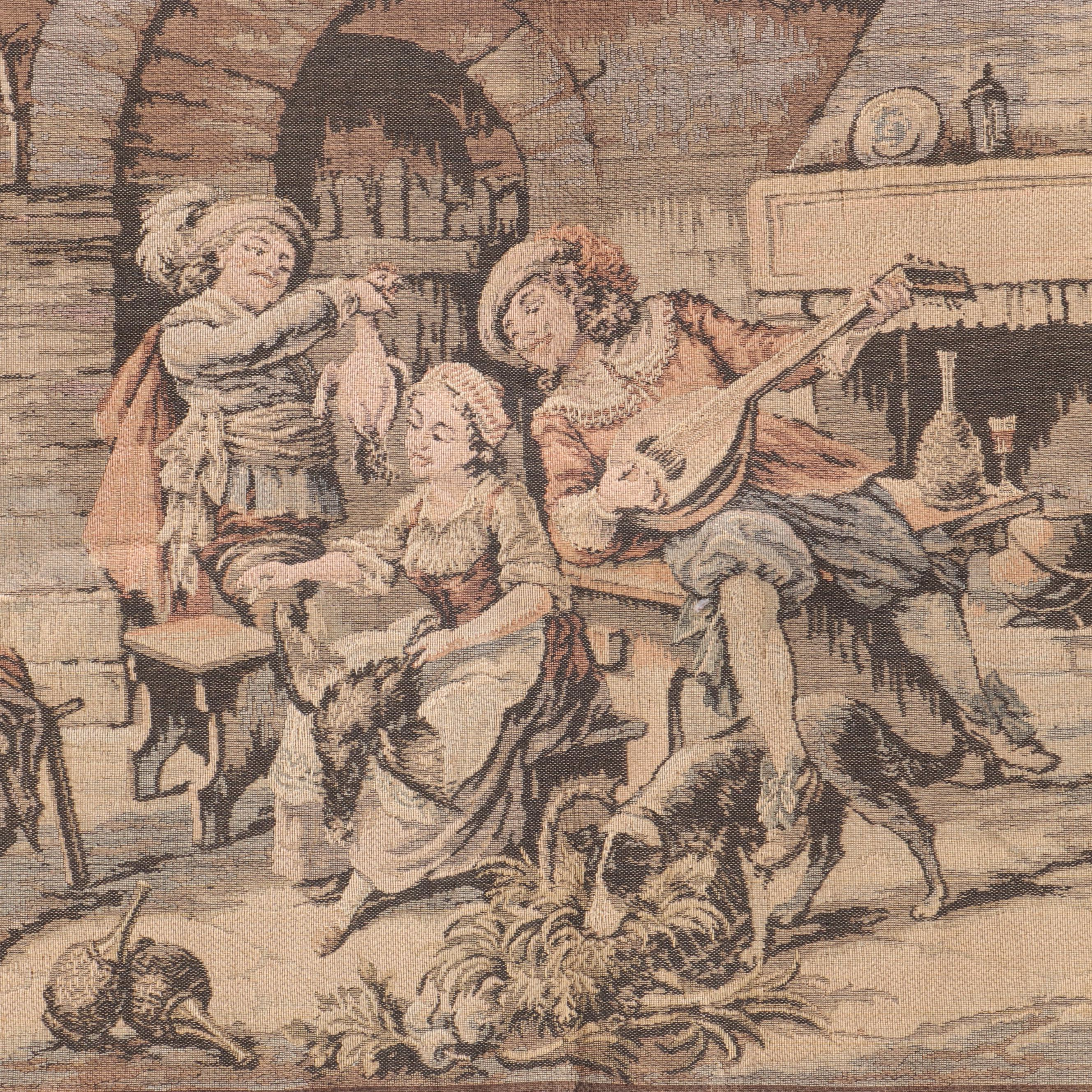 French Jacquard Woven Tapestry Panel Continental Genre Scene of Tavern