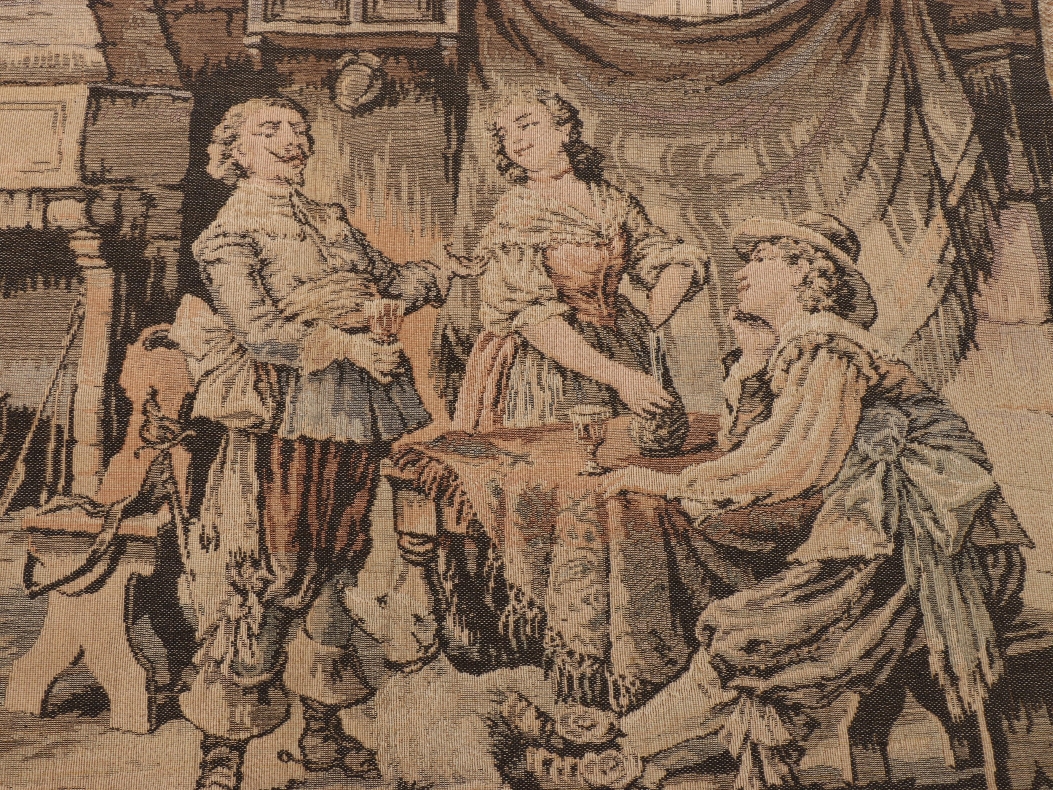 French Jacquard Woven Tapestry Panel Continental Genre Scene of Tavern