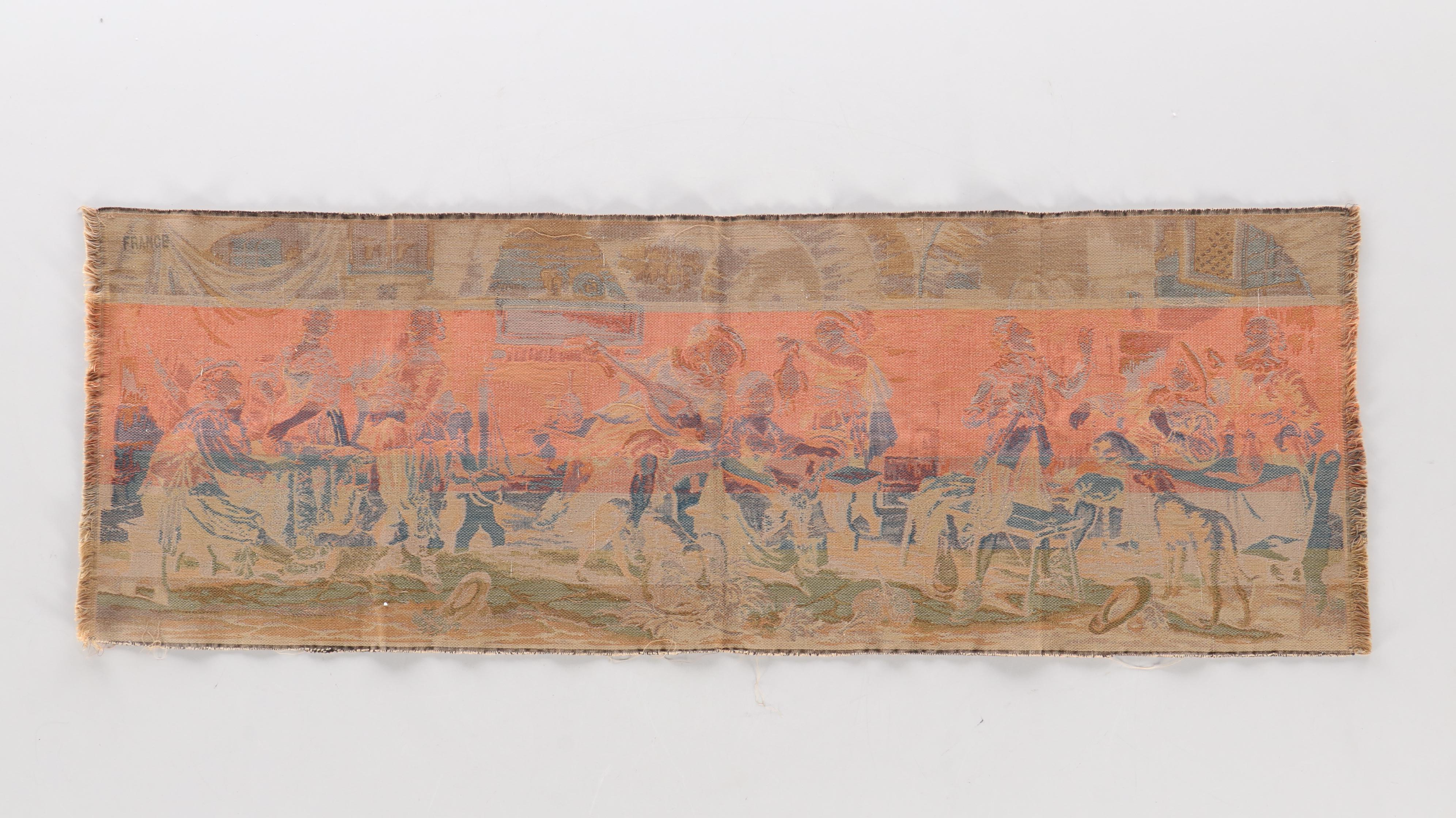 French Jacquard Woven Tapestry Panel Continental Genre Scene of Tavern