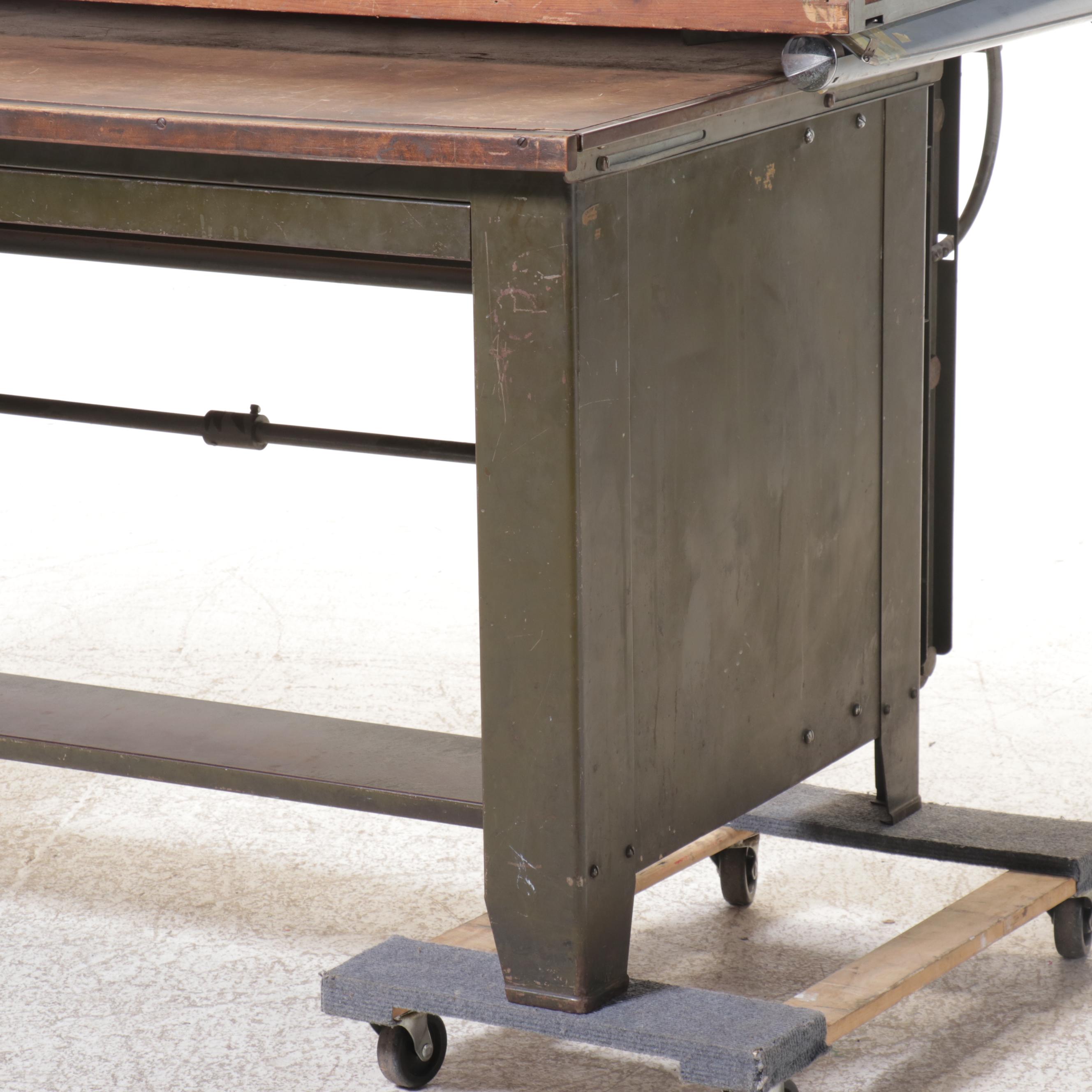 Industrial Drafting Desk with Paper Drawers and Tilting Draft Board, Vintage