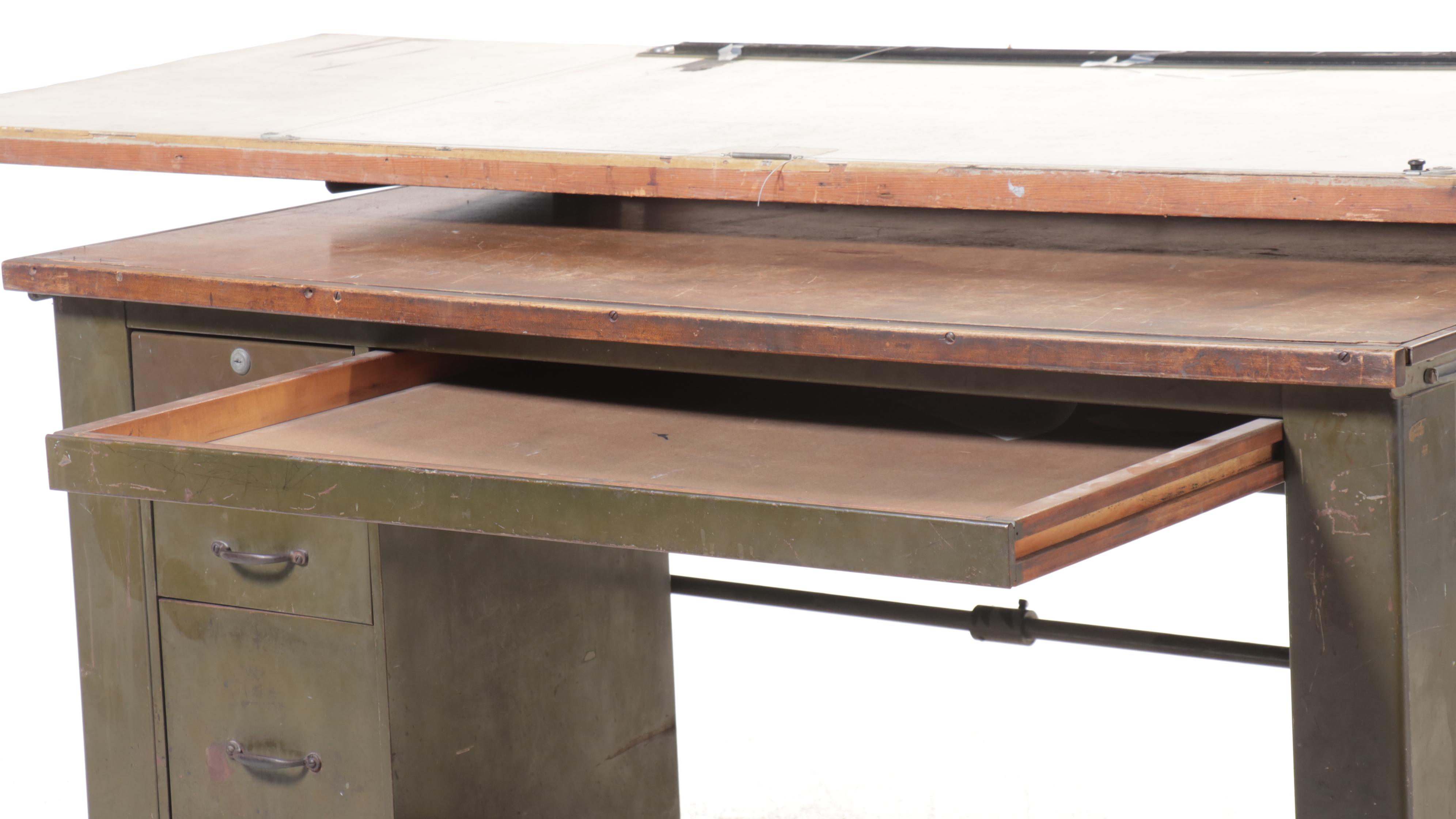 Industrial Drafting Desk with Paper Drawers and Tilting Draft Board, Vintage