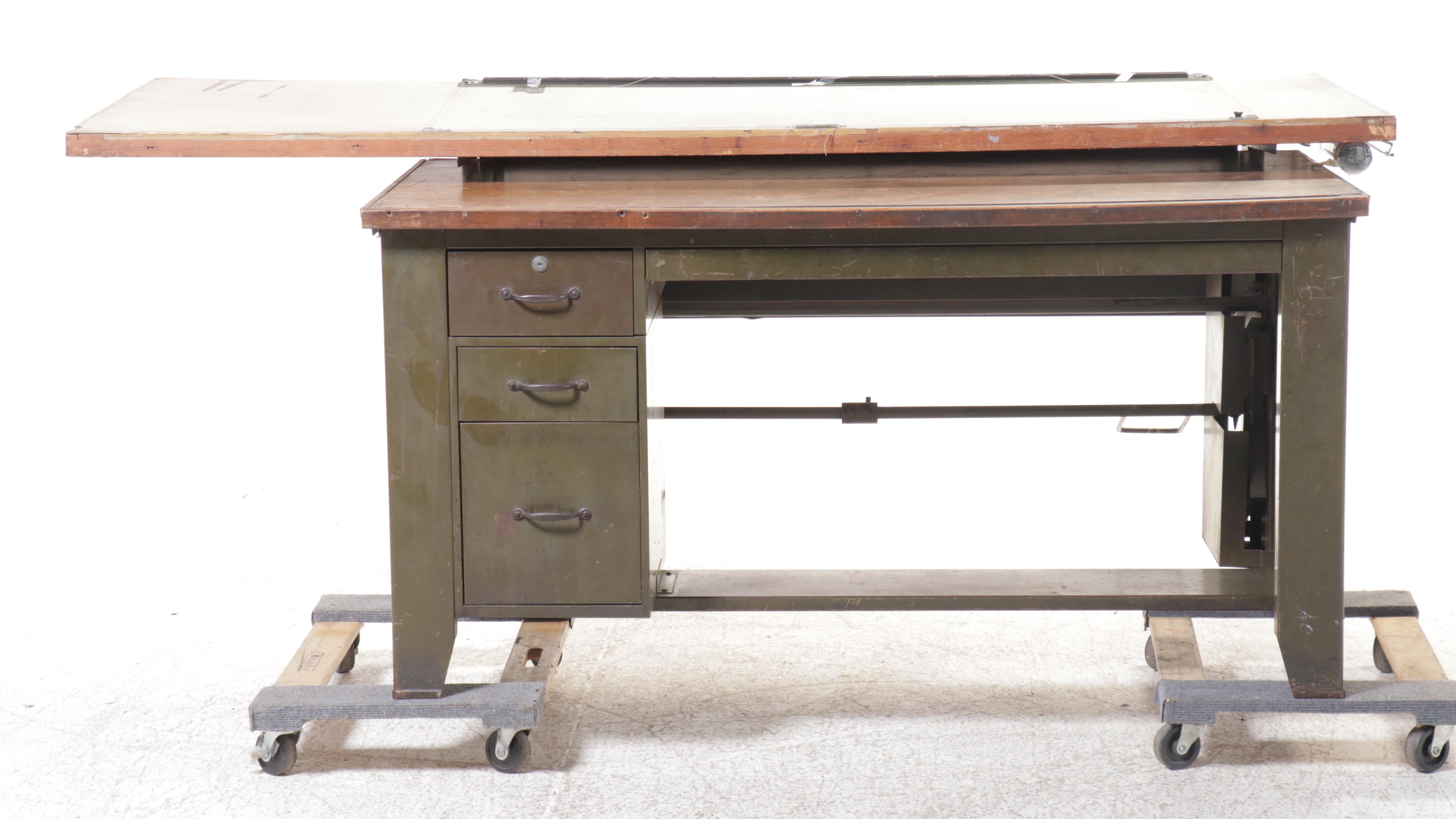 Industrial Drafting Desk with Paper Drawers and Tilting Draft Board, Vintage