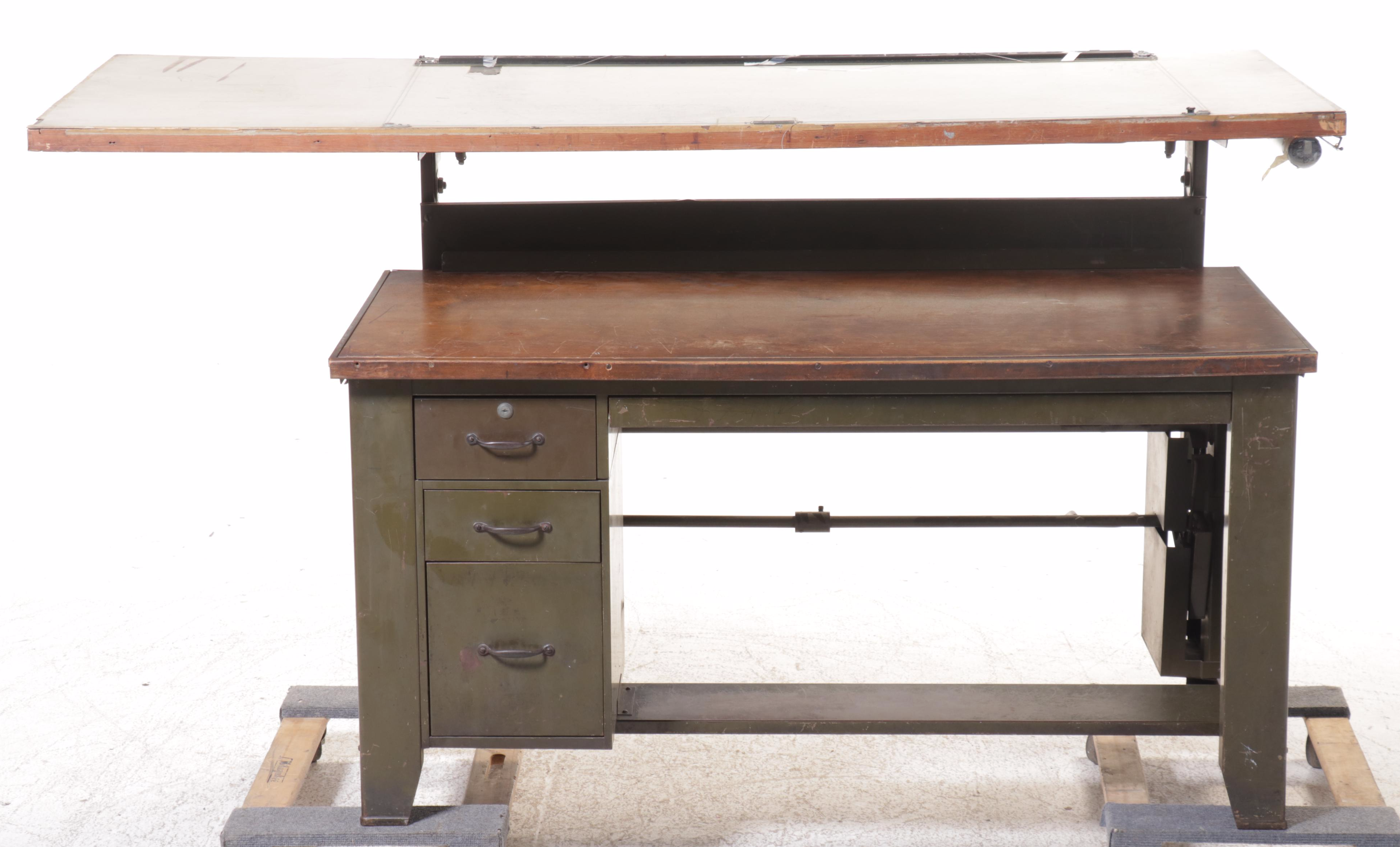 Industrial Drafting Desk with Paper Drawers and Tilting Draft Board, Vintage