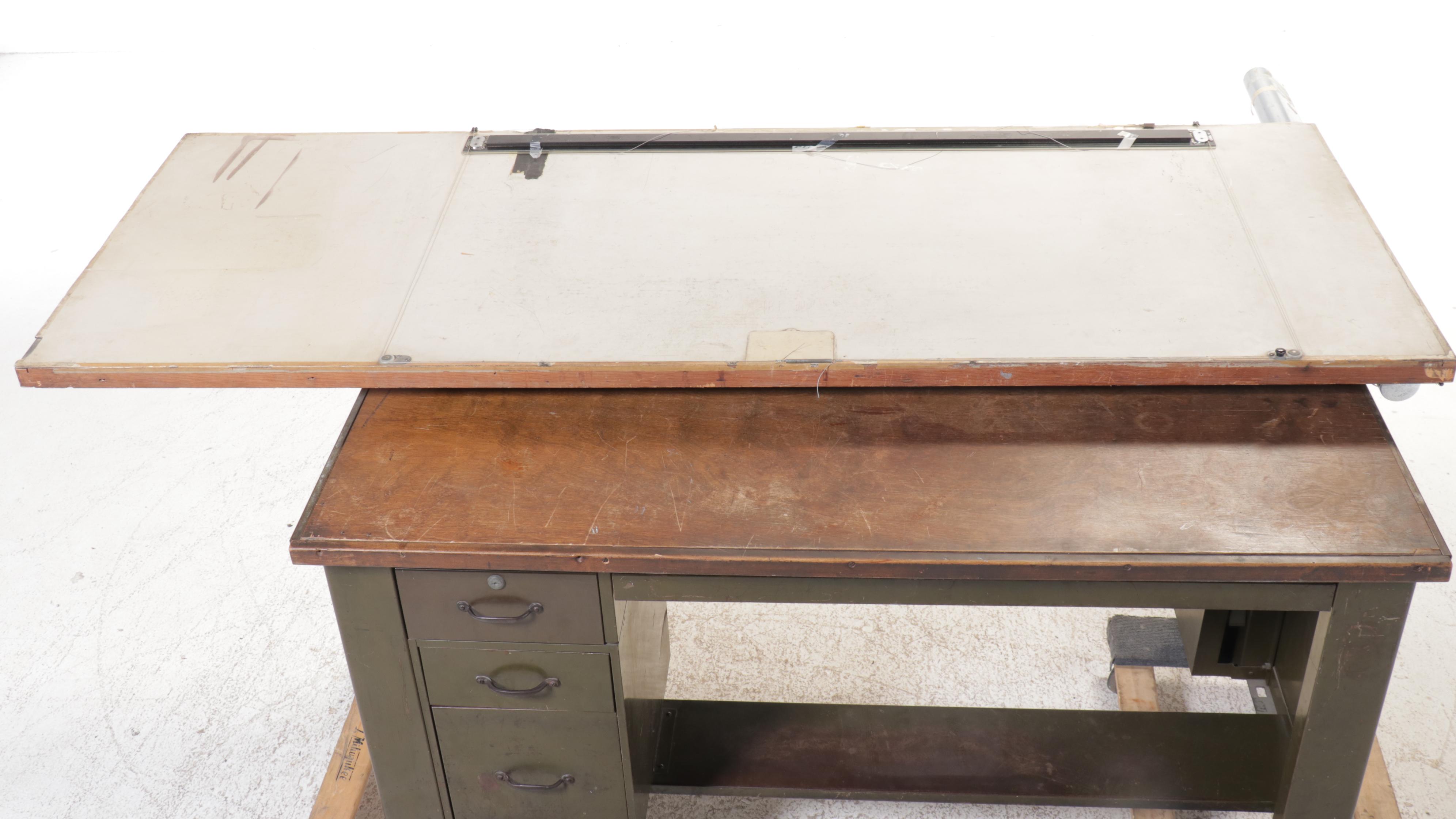 Industrial Drafting Desk with Paper Drawers and Tilting Draft Board, Vintage