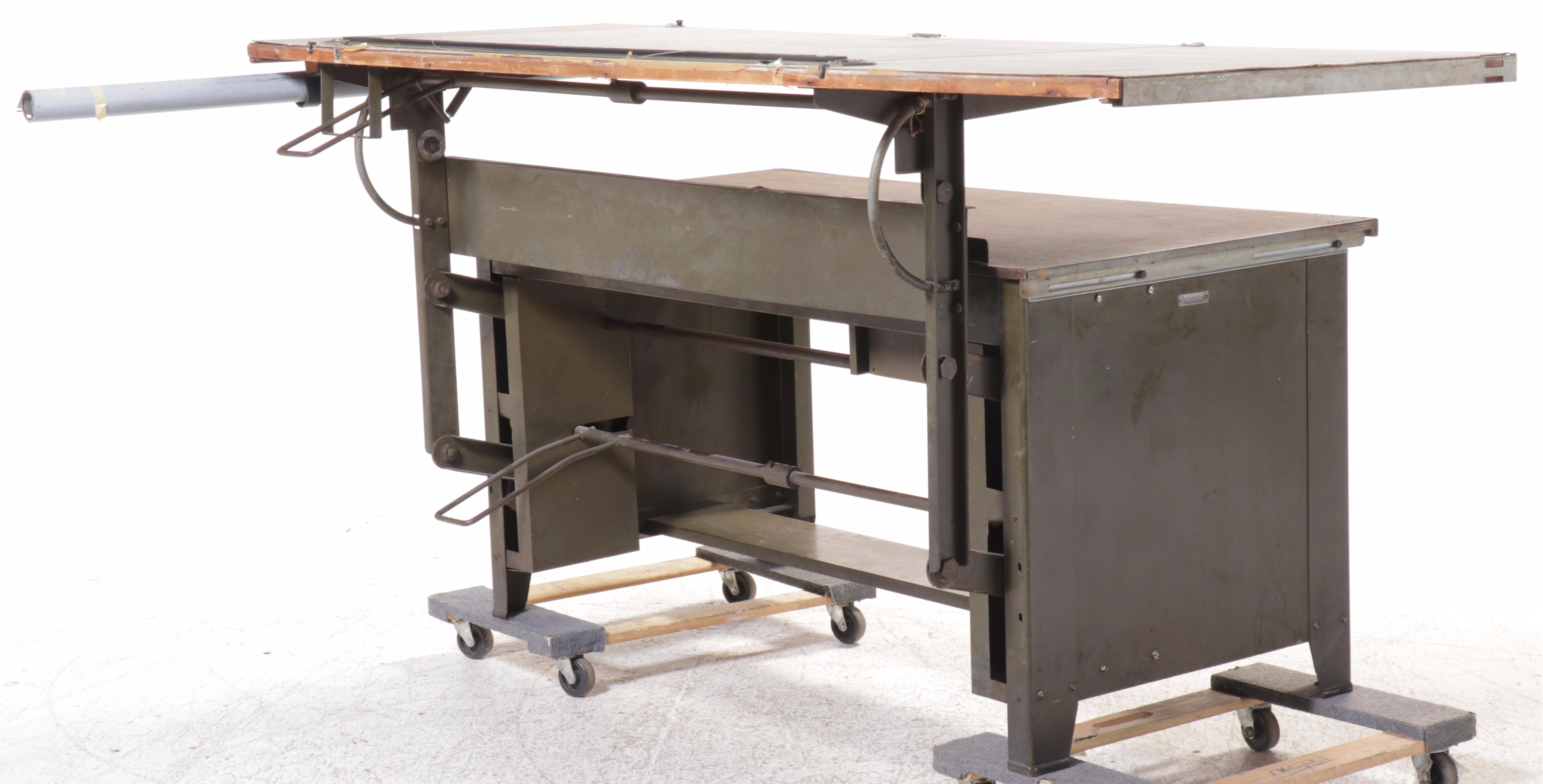 Industrial Drafting Desk with Paper Drawers and Tilting Draft Board, Vintage